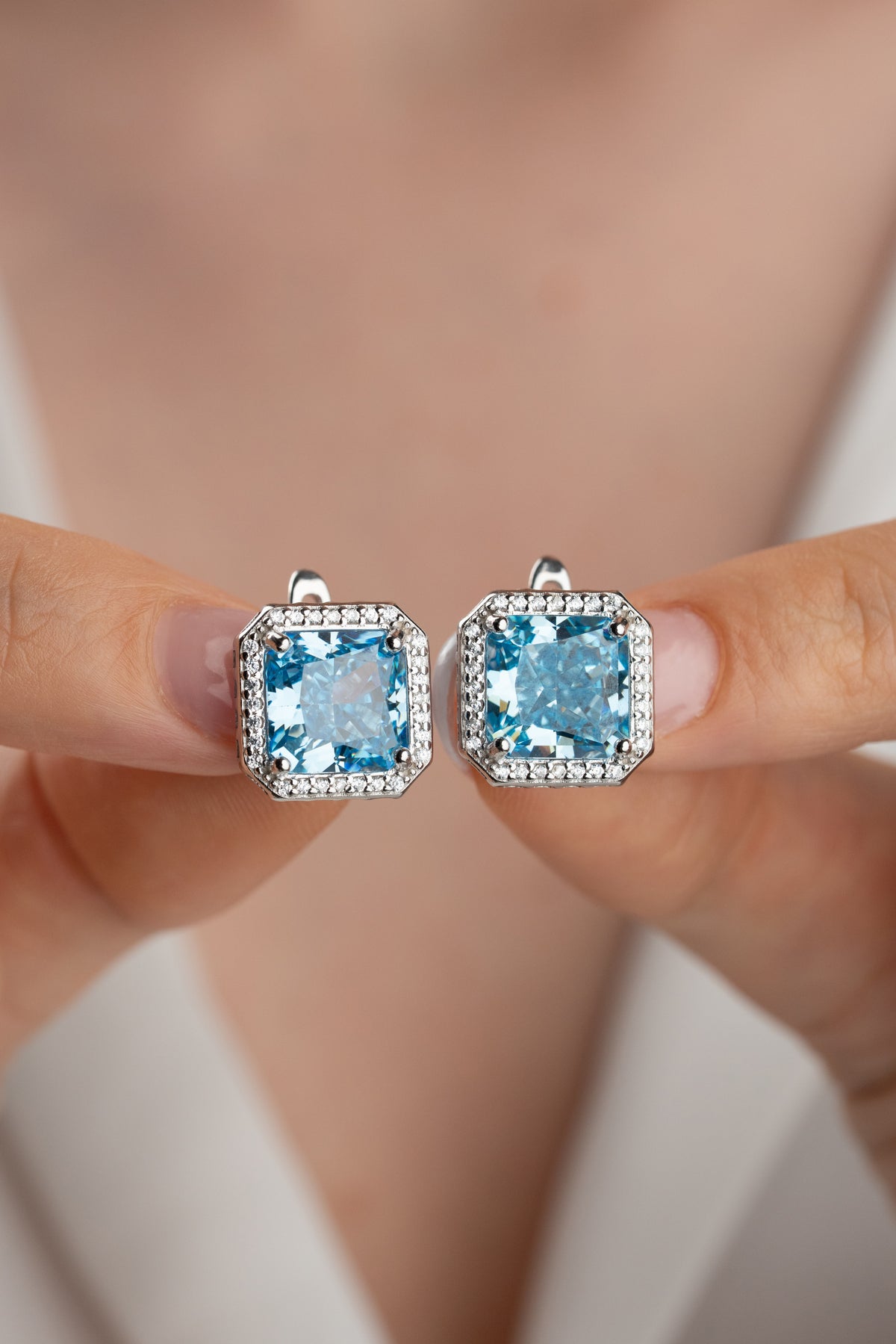 Aquamarine Blue Square Halo Stud Earrings