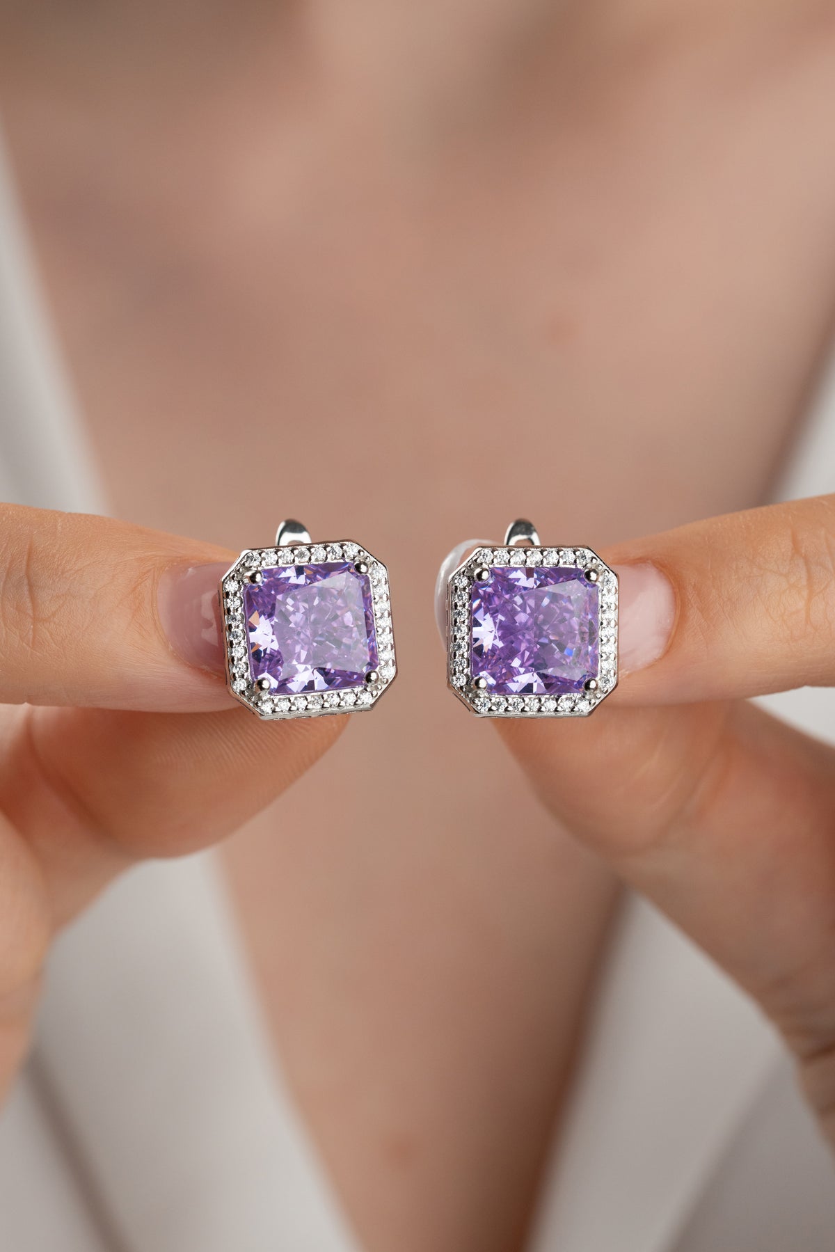 Amethyst Square Halo Stud Earrings