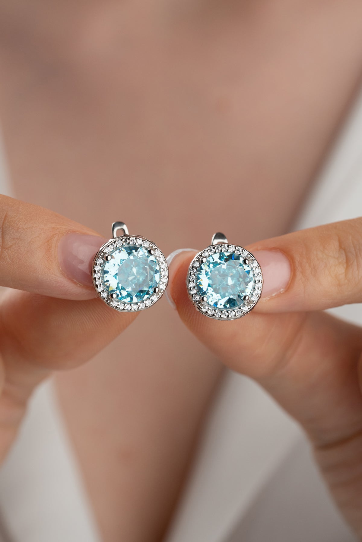Aquamarine Blue Halo Stud Earrings