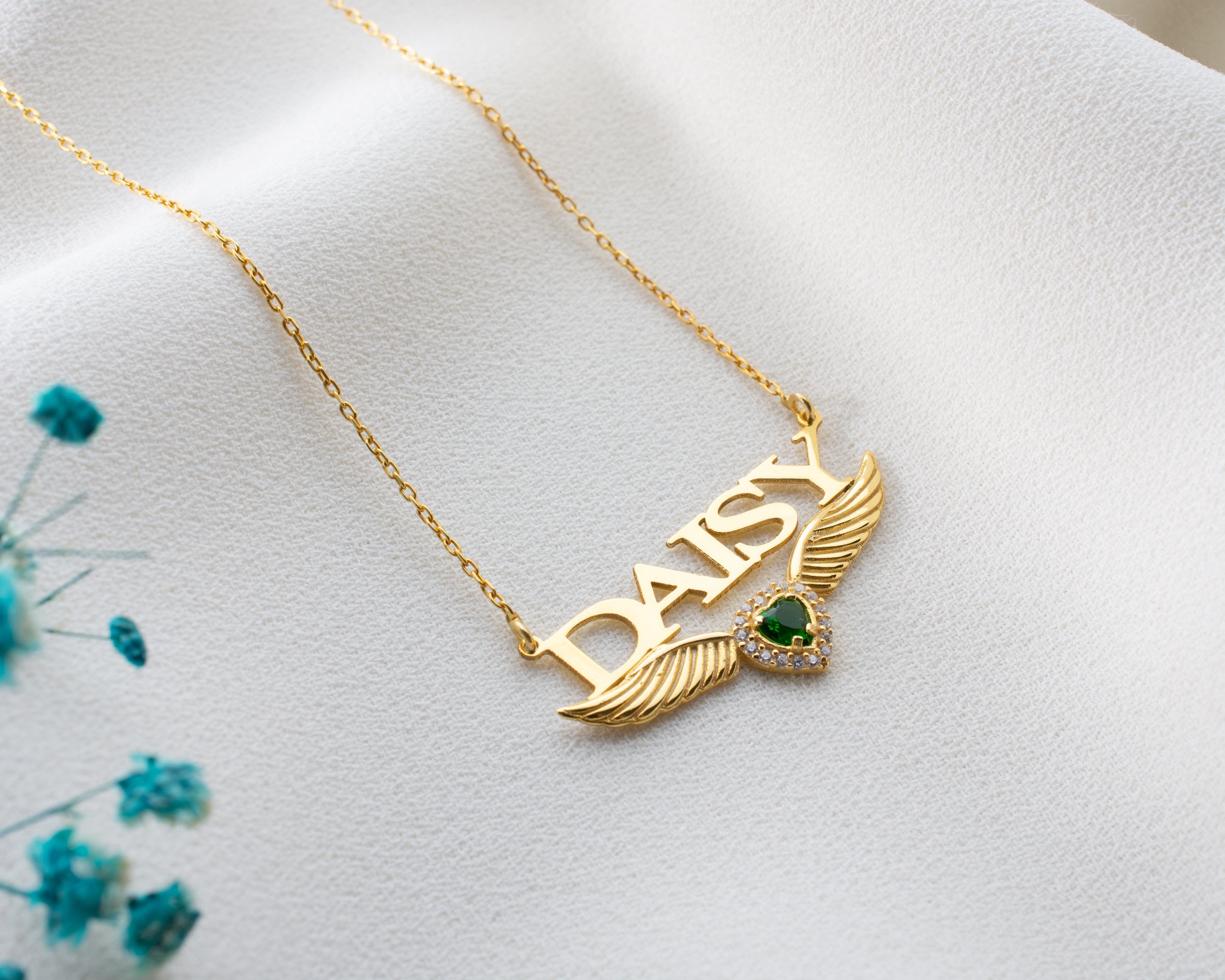 Angel Wing Name Necklace with Birthstone