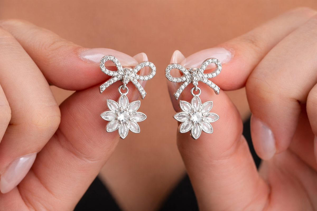 Bow and Flower Drop Earrings in Silver