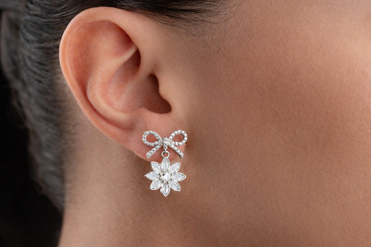 Bow and Flower Drop Earrings in Silver