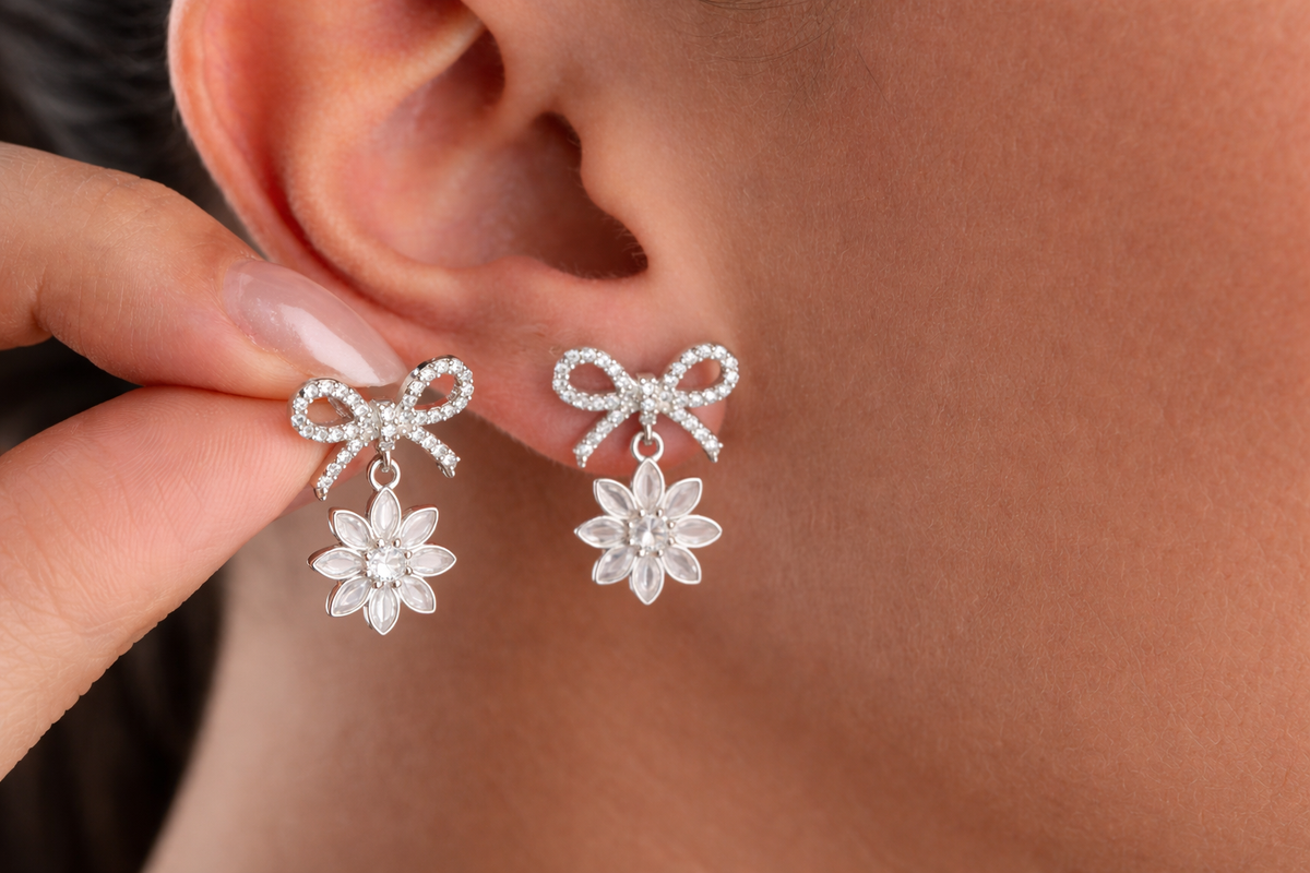 Bow and Flower Drop Earrings in Silver