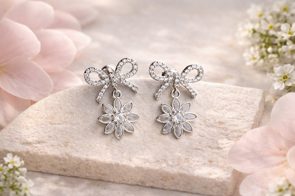 Bow and Flower Drop Earrings in Silver