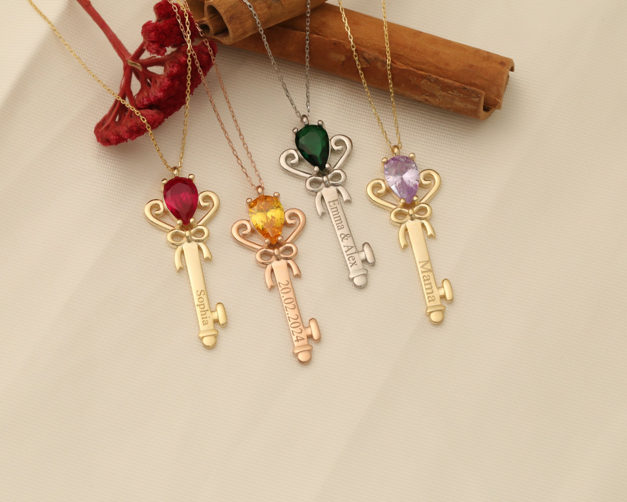 Custom Name Birthstone Key Necklace