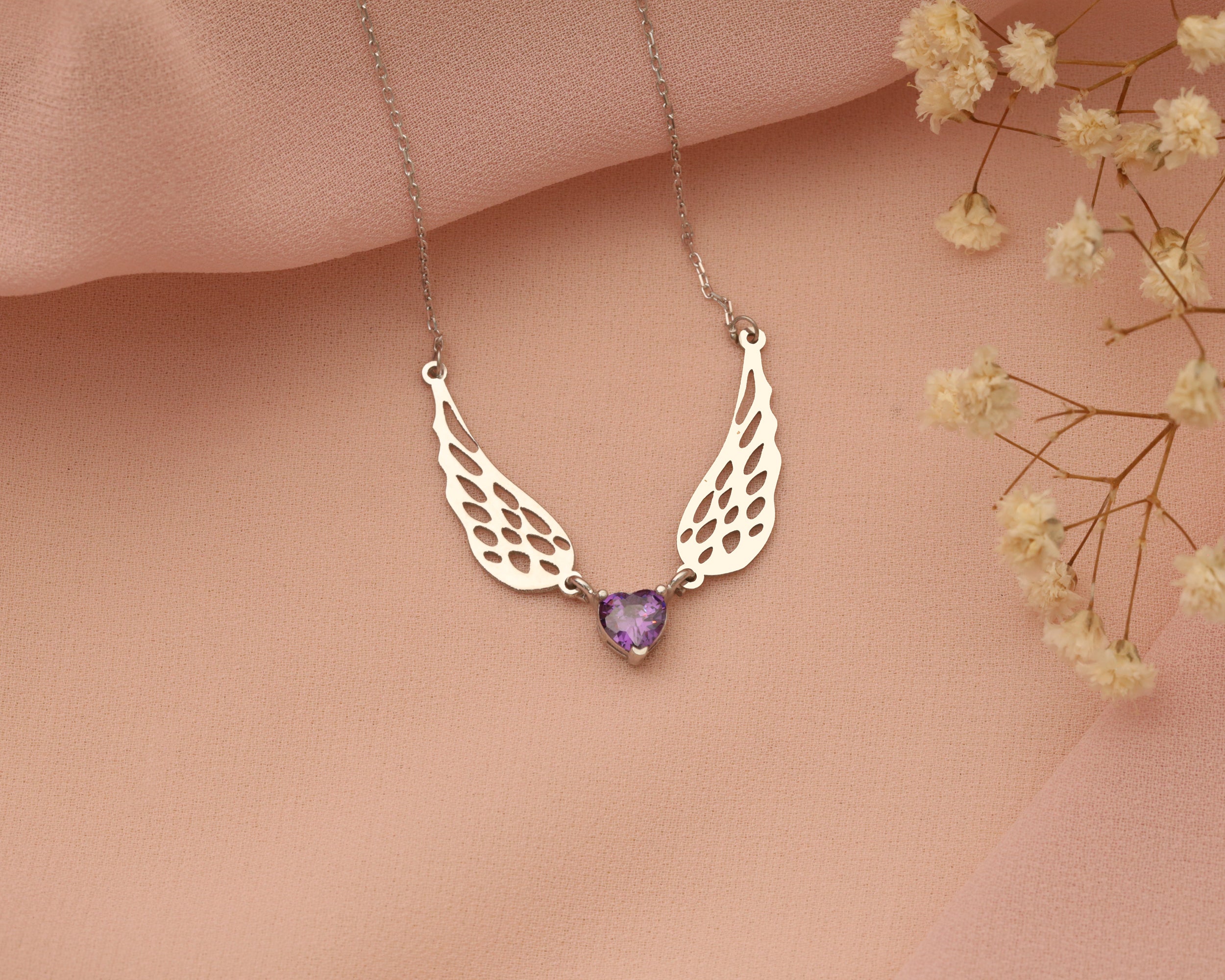 Angel Wing Heart Birthstone Necklace