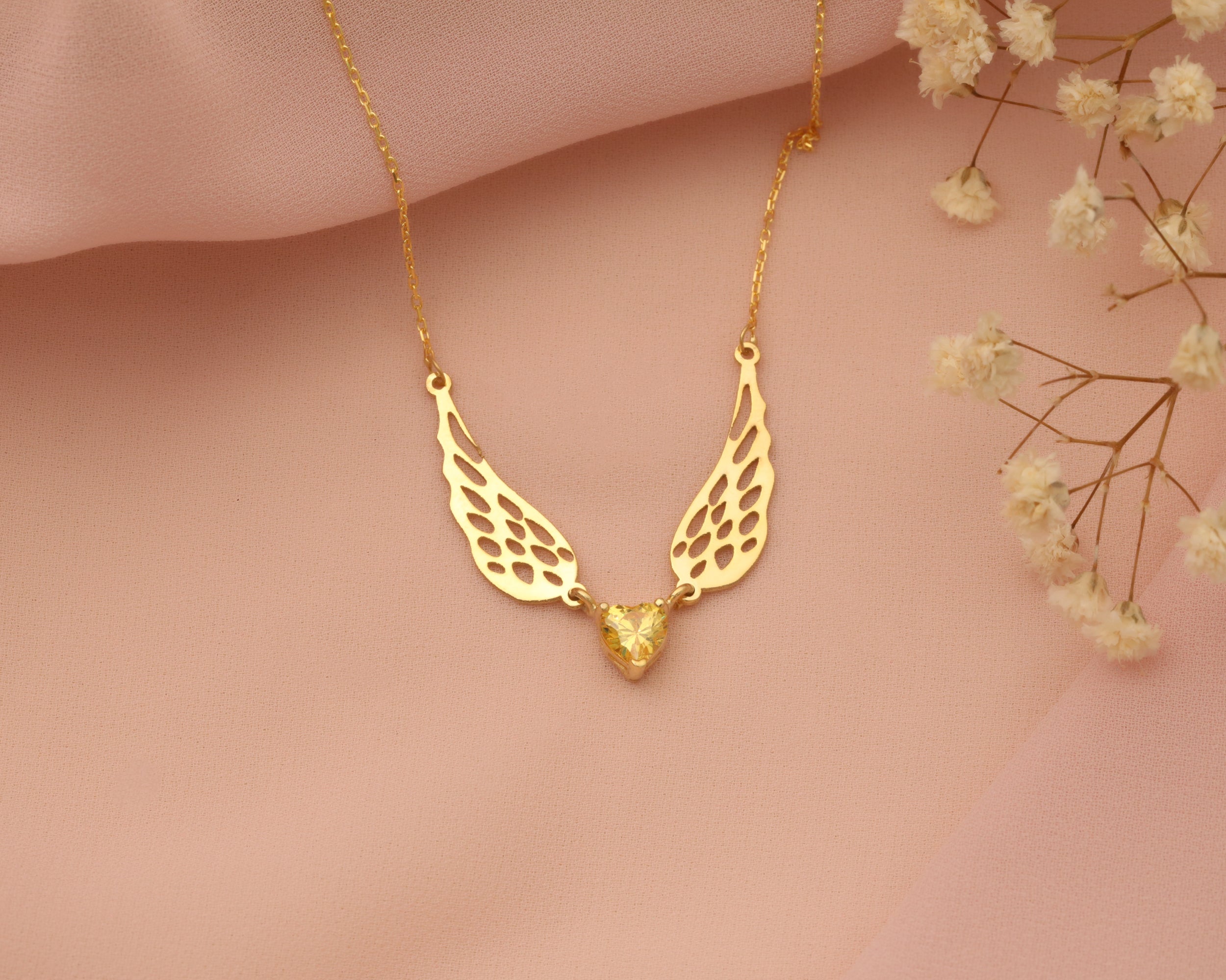 Angel Wing Heart Birthstone Necklace