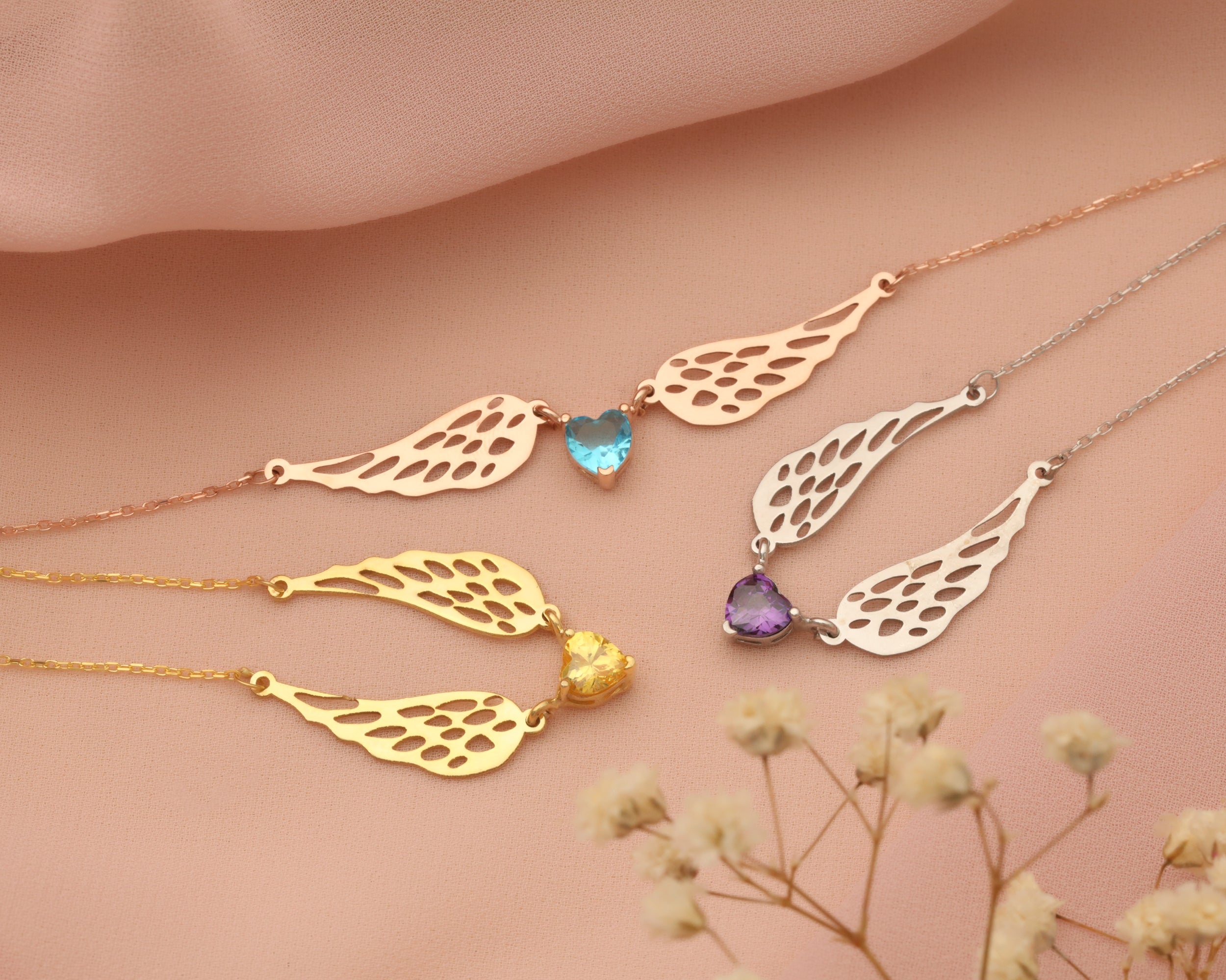 Angel Wing Heart Birthstone Necklace