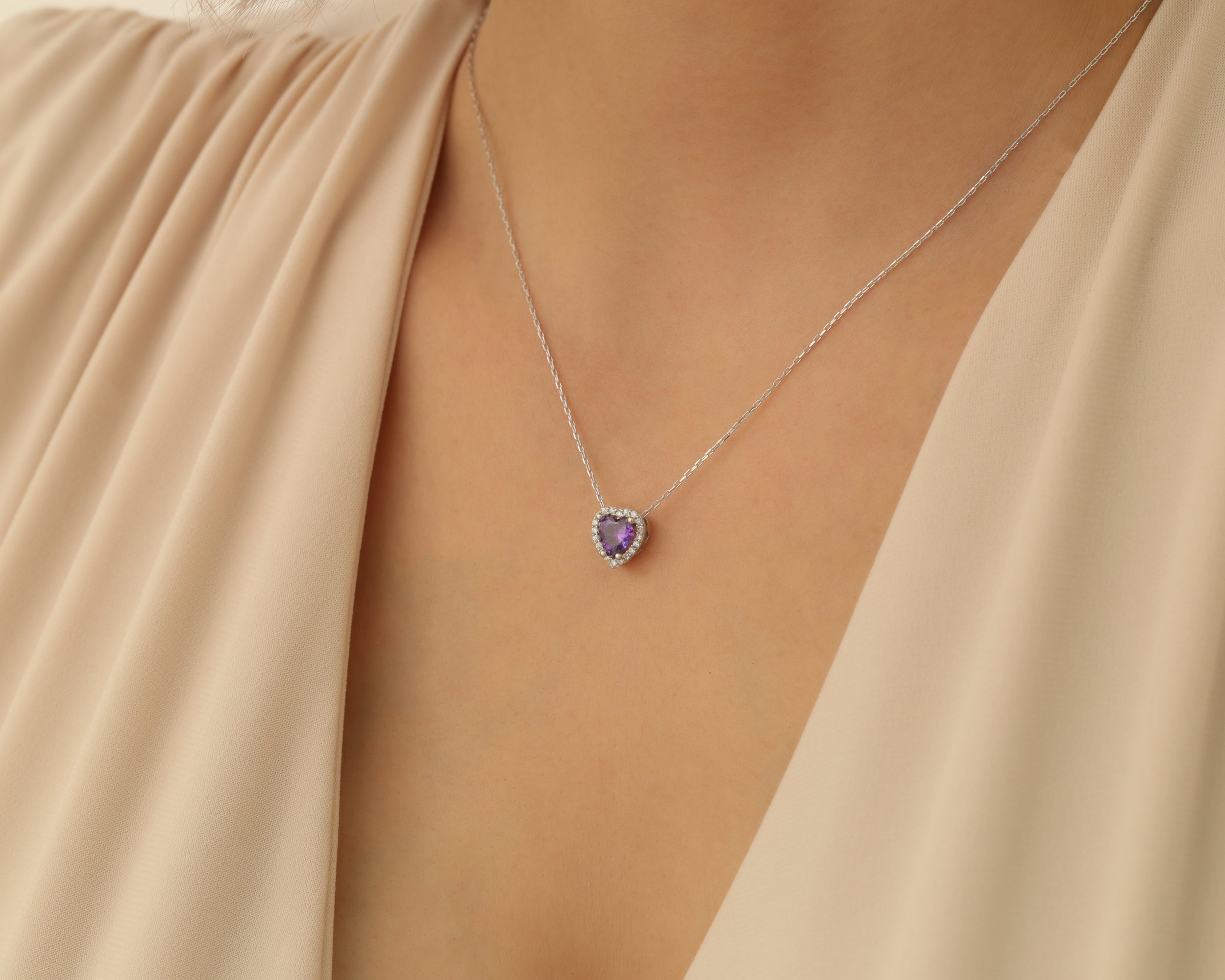 Custom Heart Birthstone Necklace in Silver
