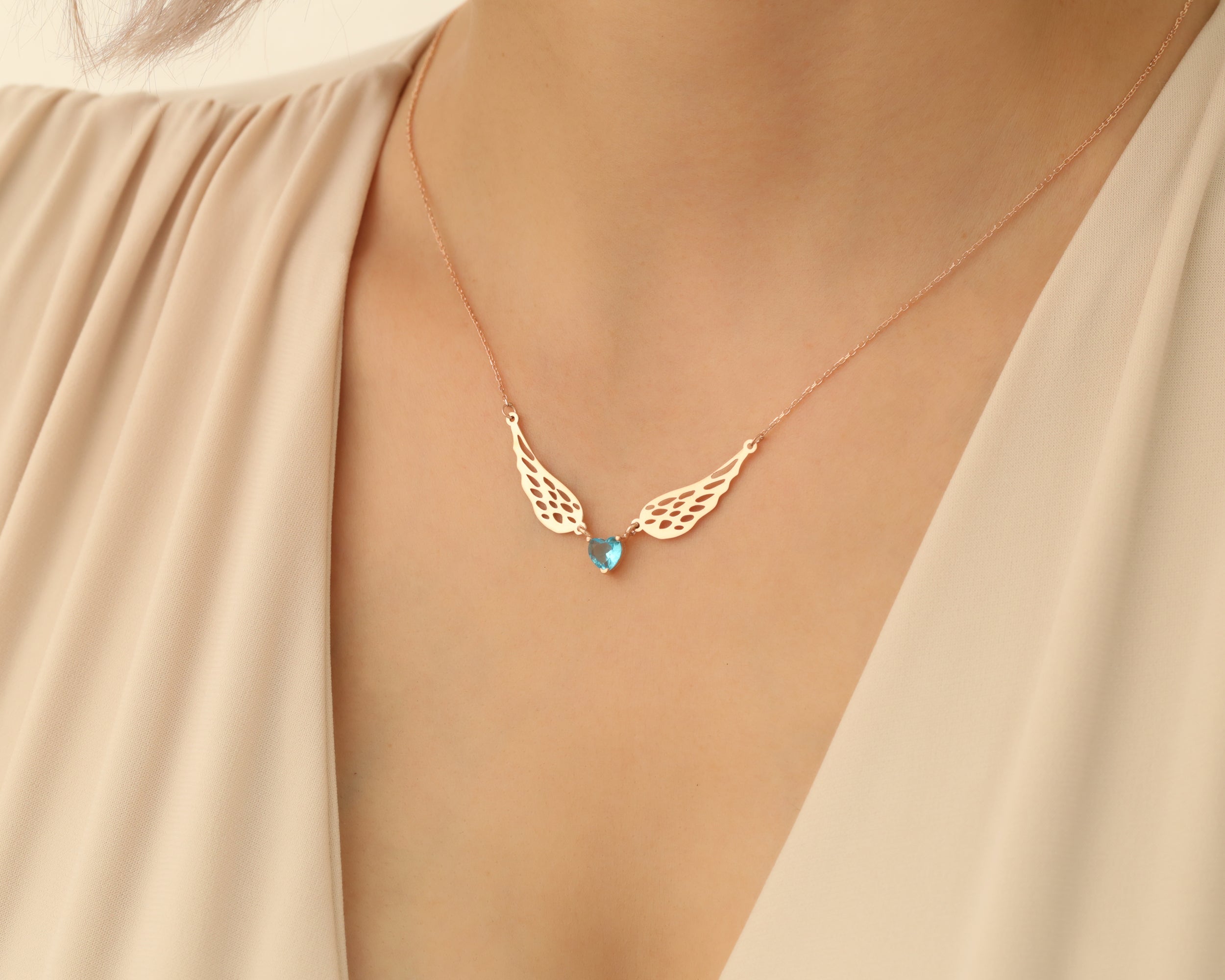 Angel Wing Heart Birthstone Necklace