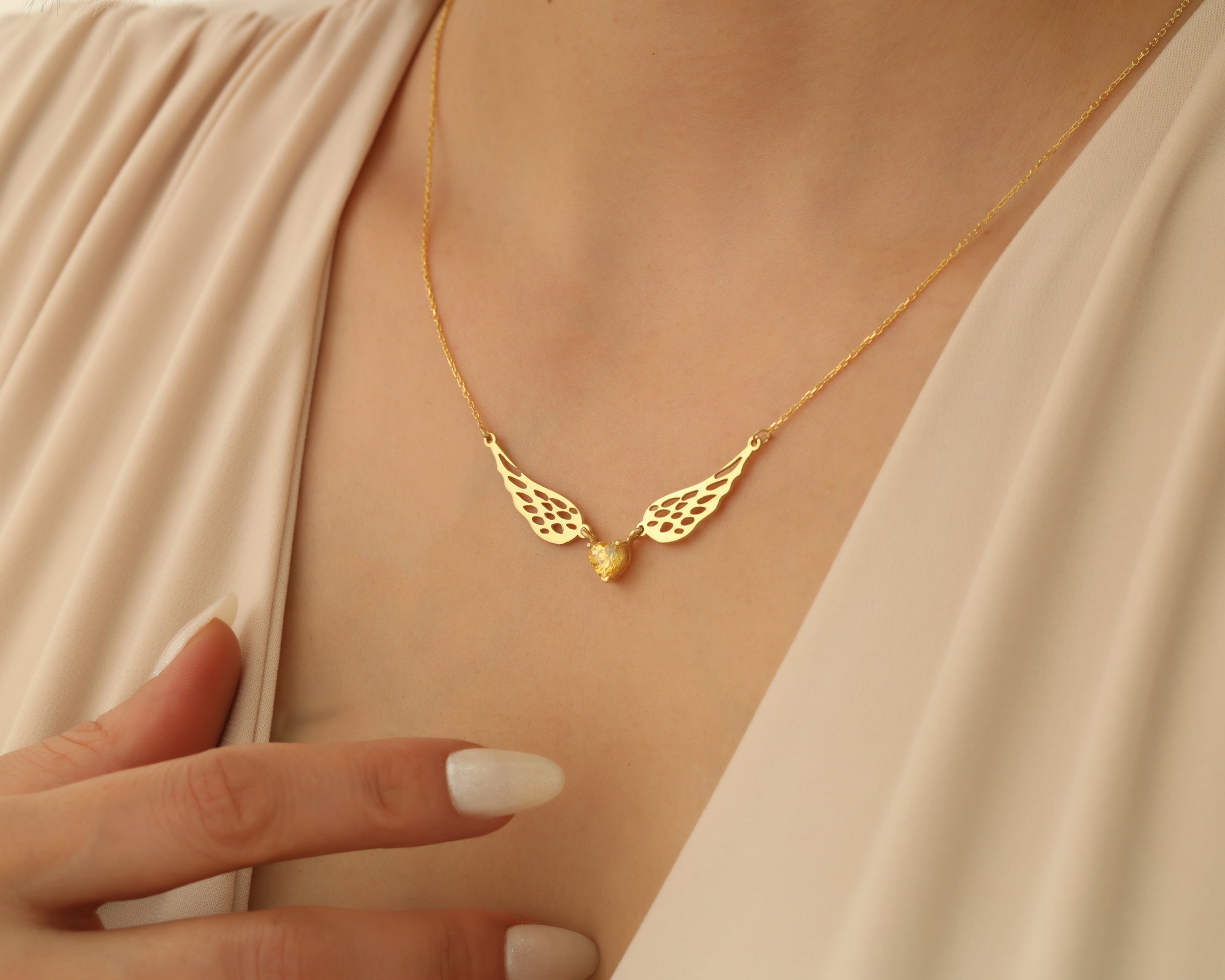 Angel Wing Heart Birthstone Necklace