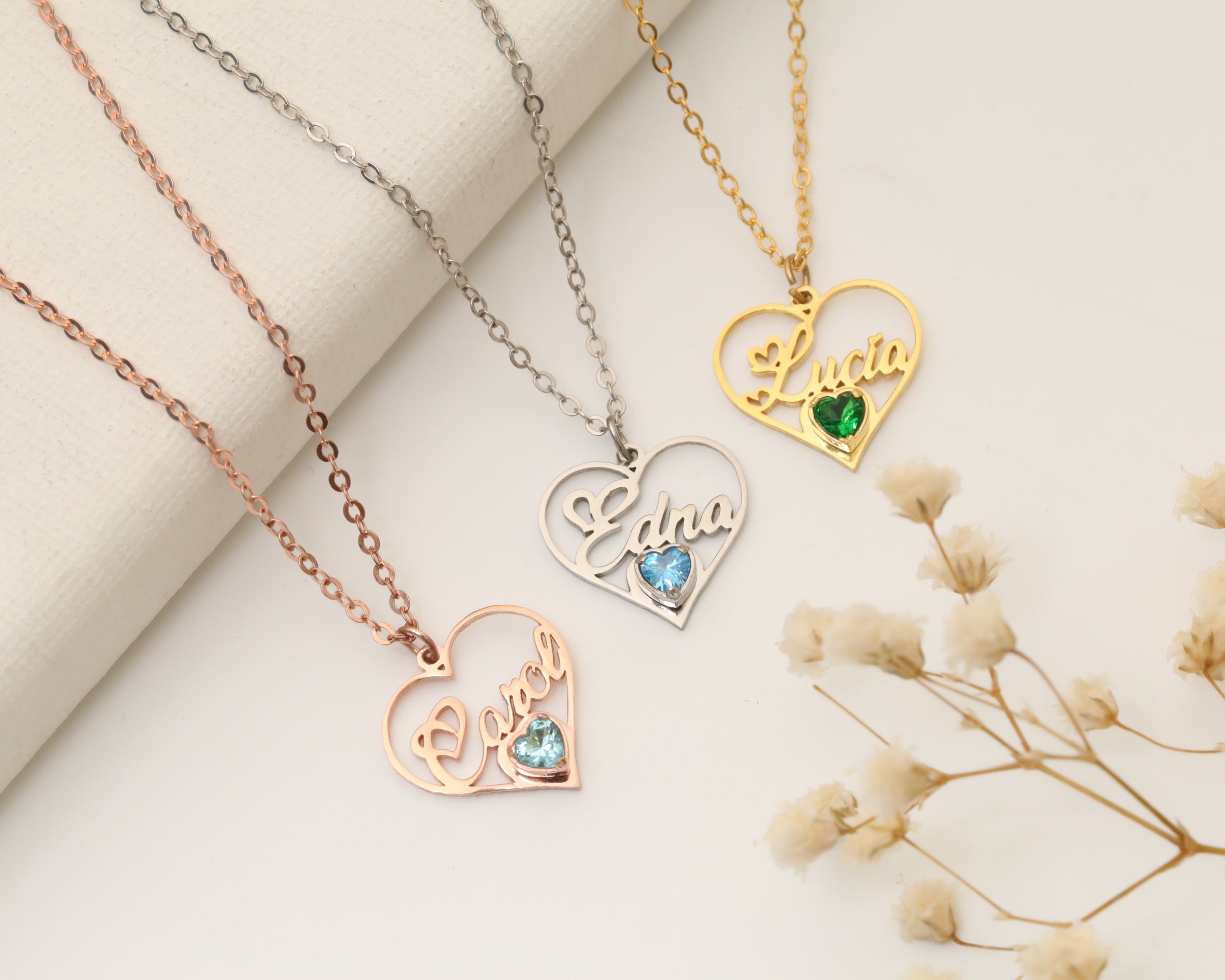 Custom Name Heart Birthstone Necklace