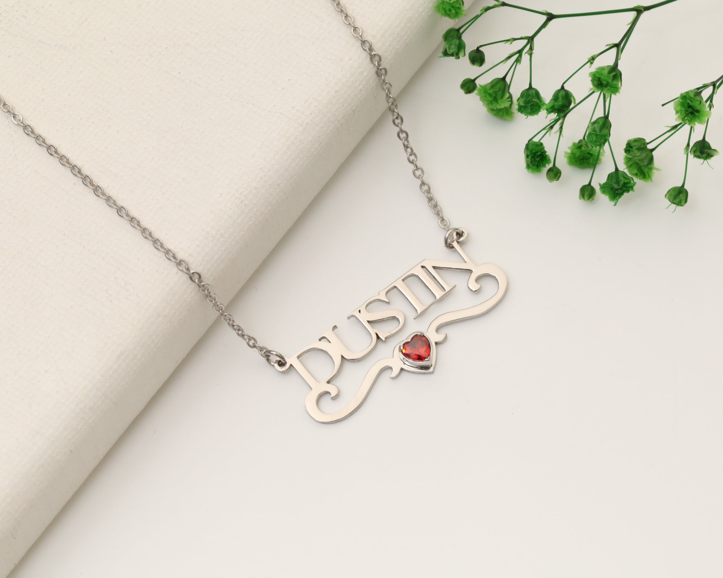 Custom Name Necklace with Birthstone Heart