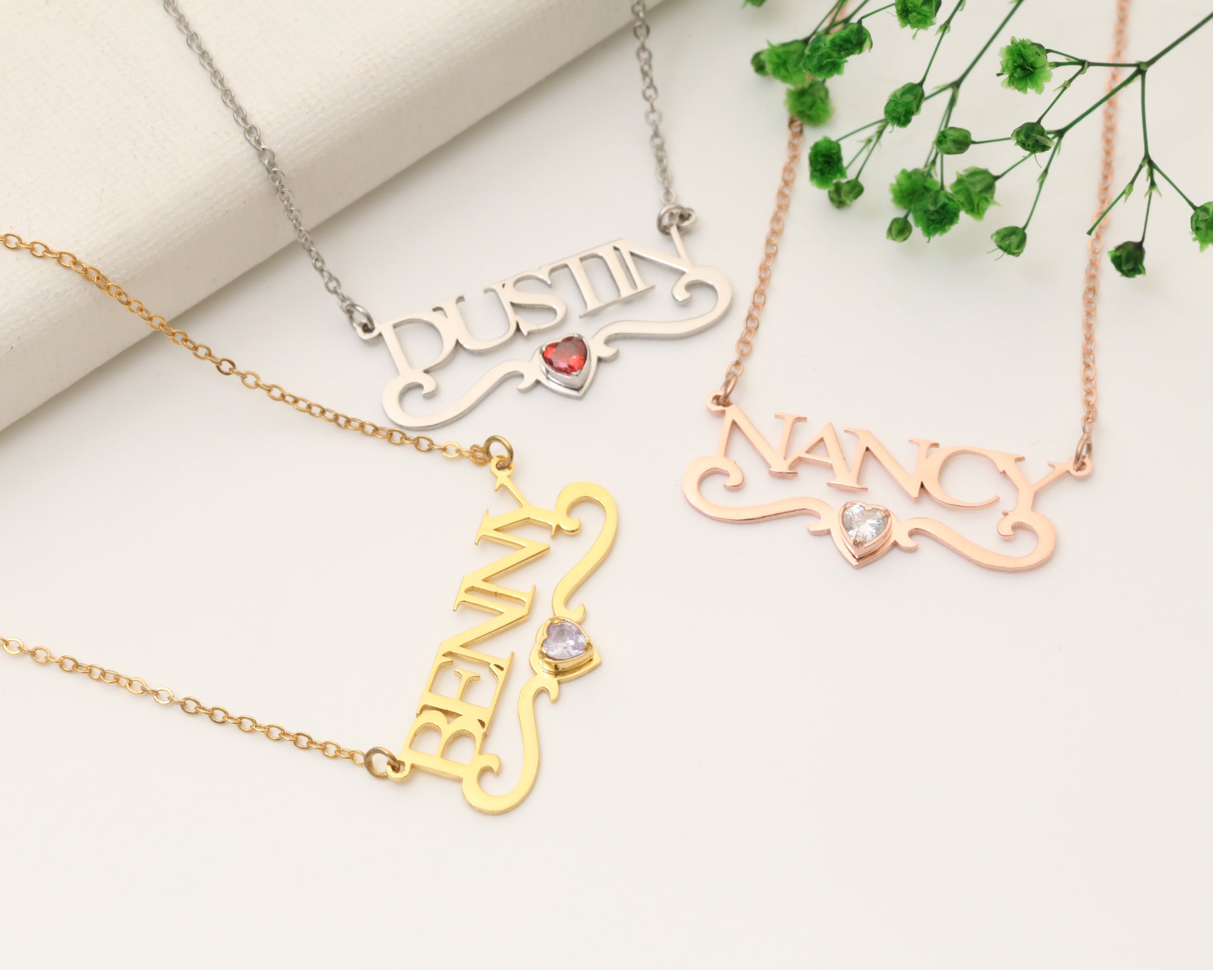 Custom Name Necklace with Birthstone Heart