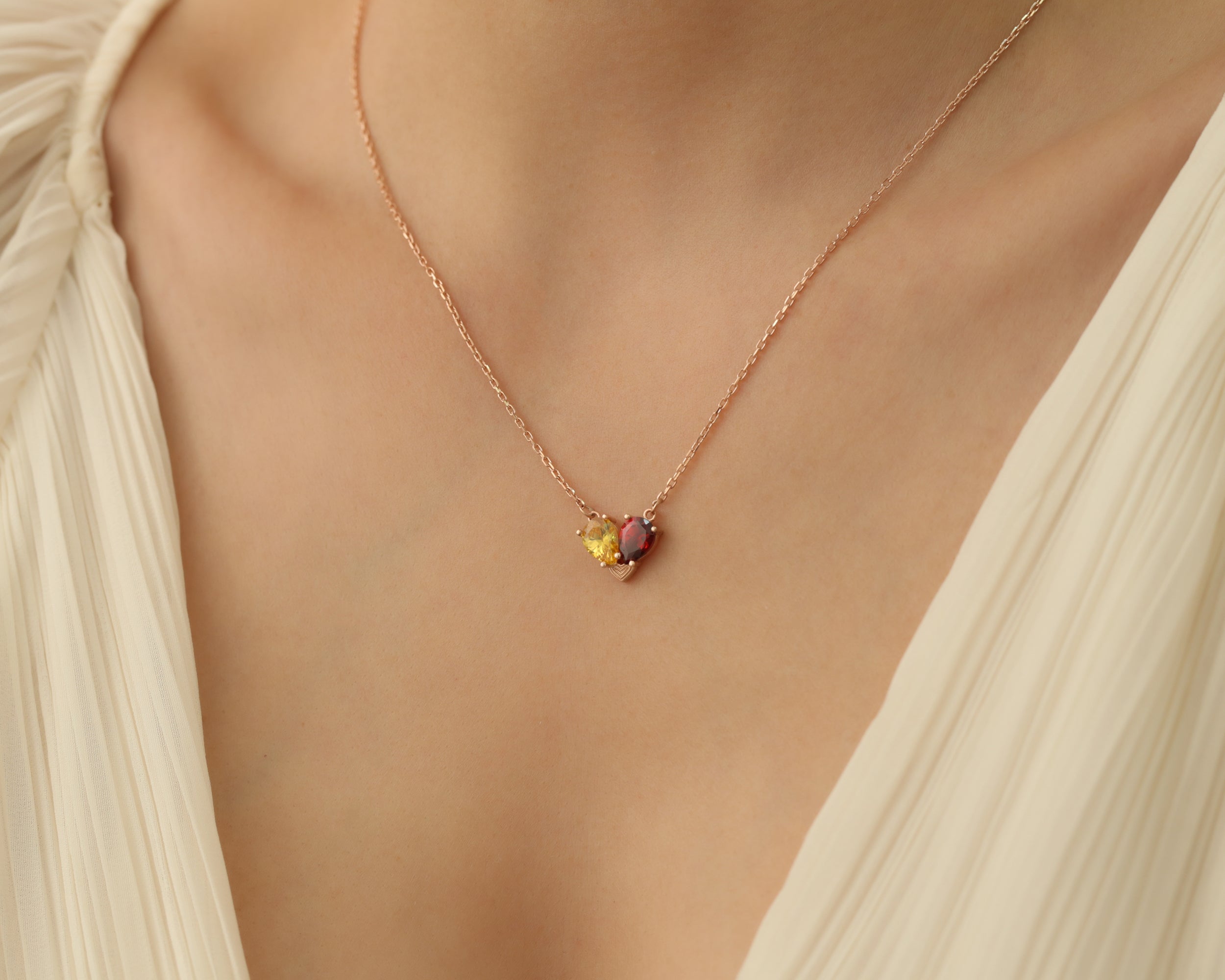 Two Stone Heart Birthstone Necklace