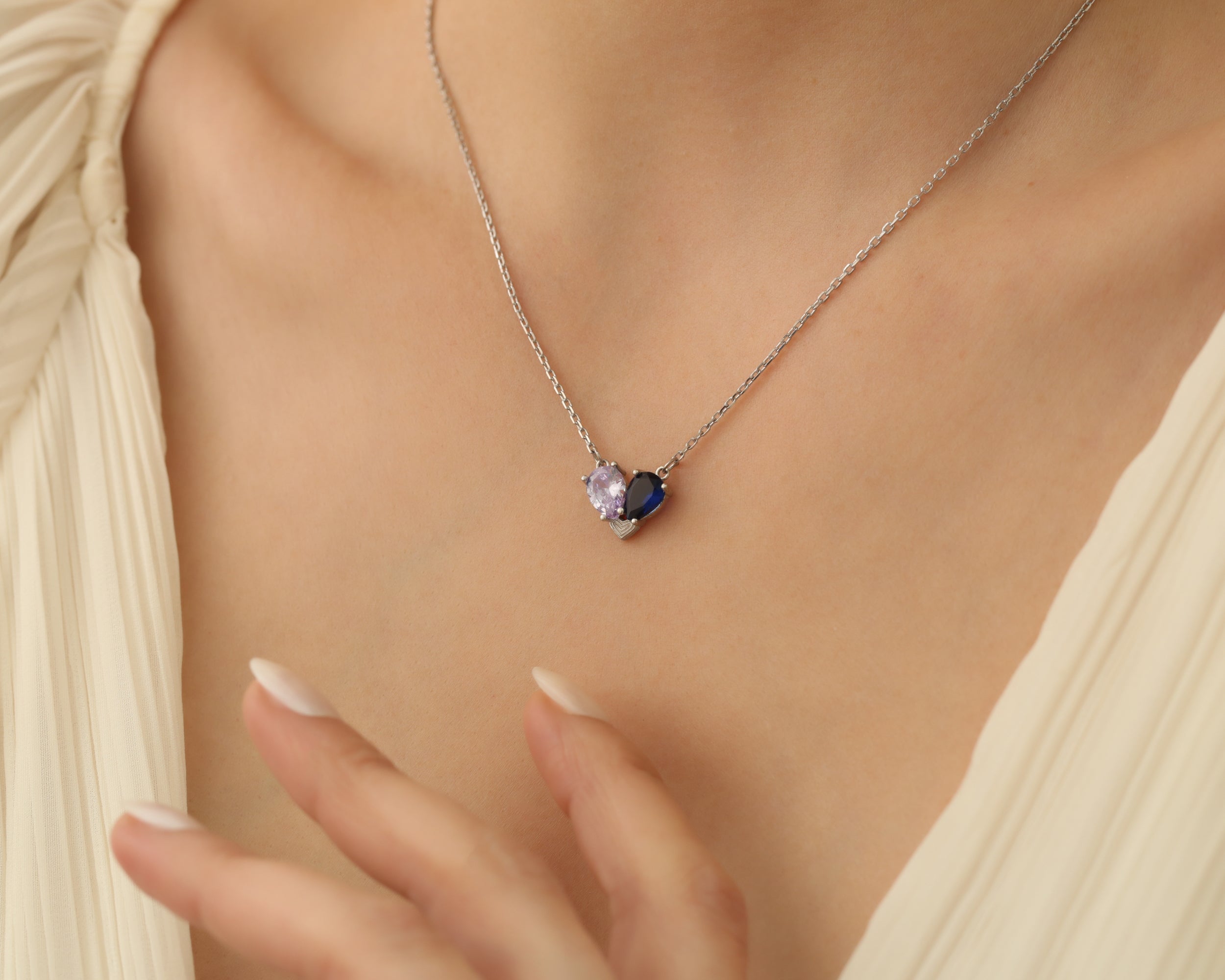 Two Stone Heart Birthstone Necklace