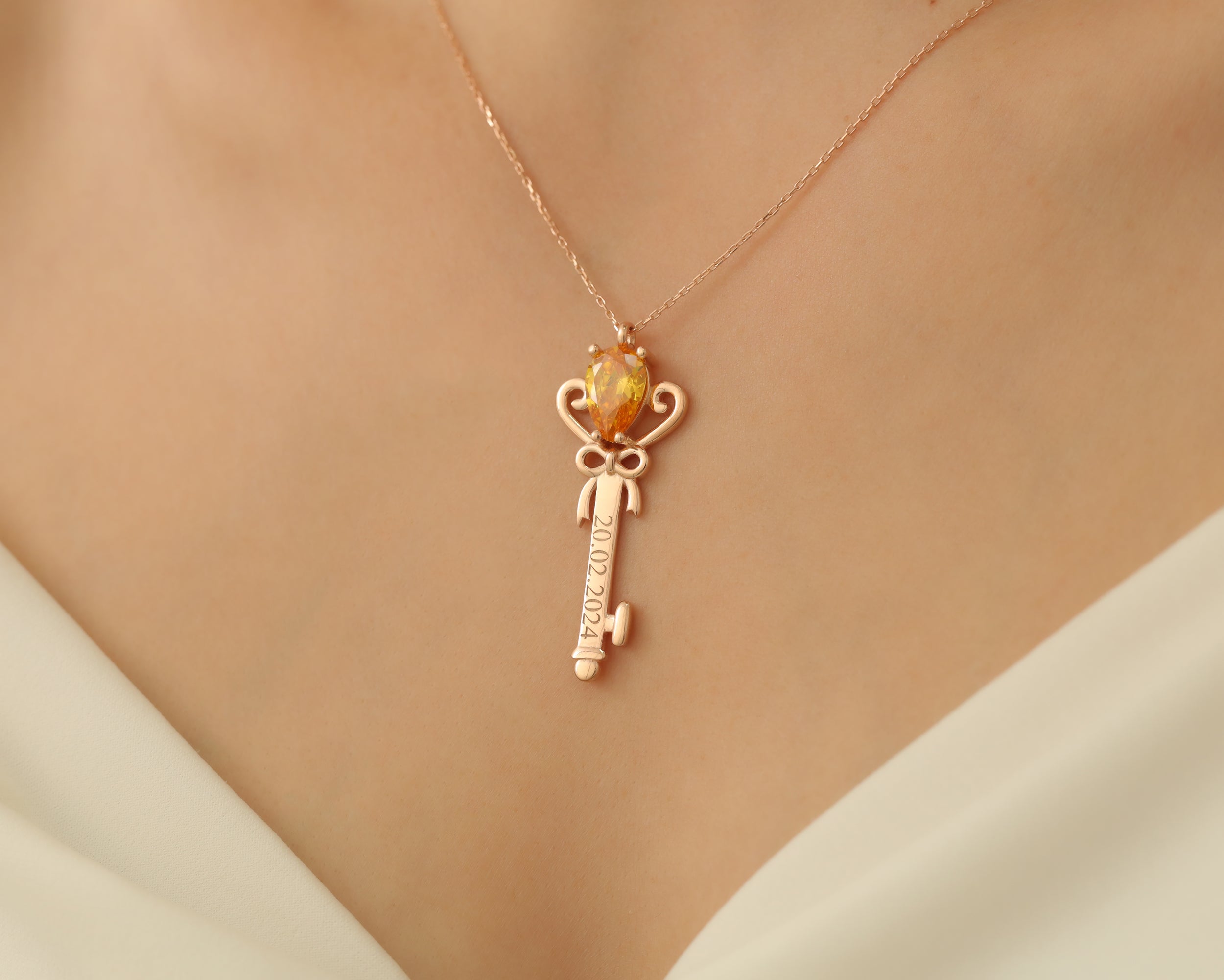 Custom Name Birthstone Key Necklace