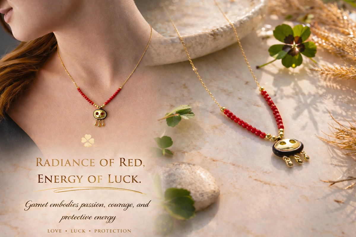 Red Beaded Necklace with Gold Fringe Charm