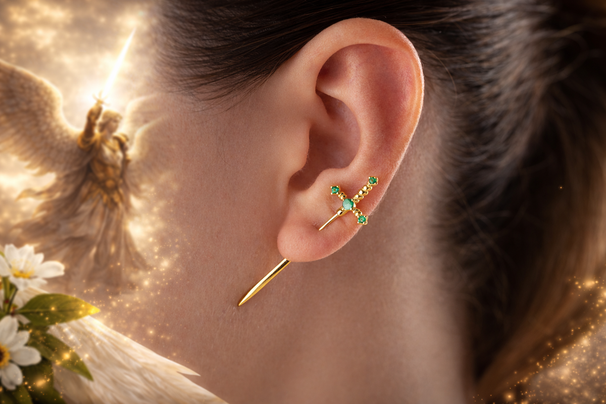 Emerald Green Sword Stud Earrings in Gold