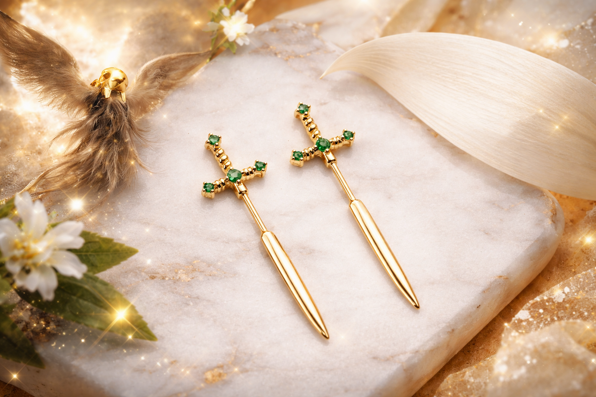 Emerald Green Sword Stud Earrings in Gold