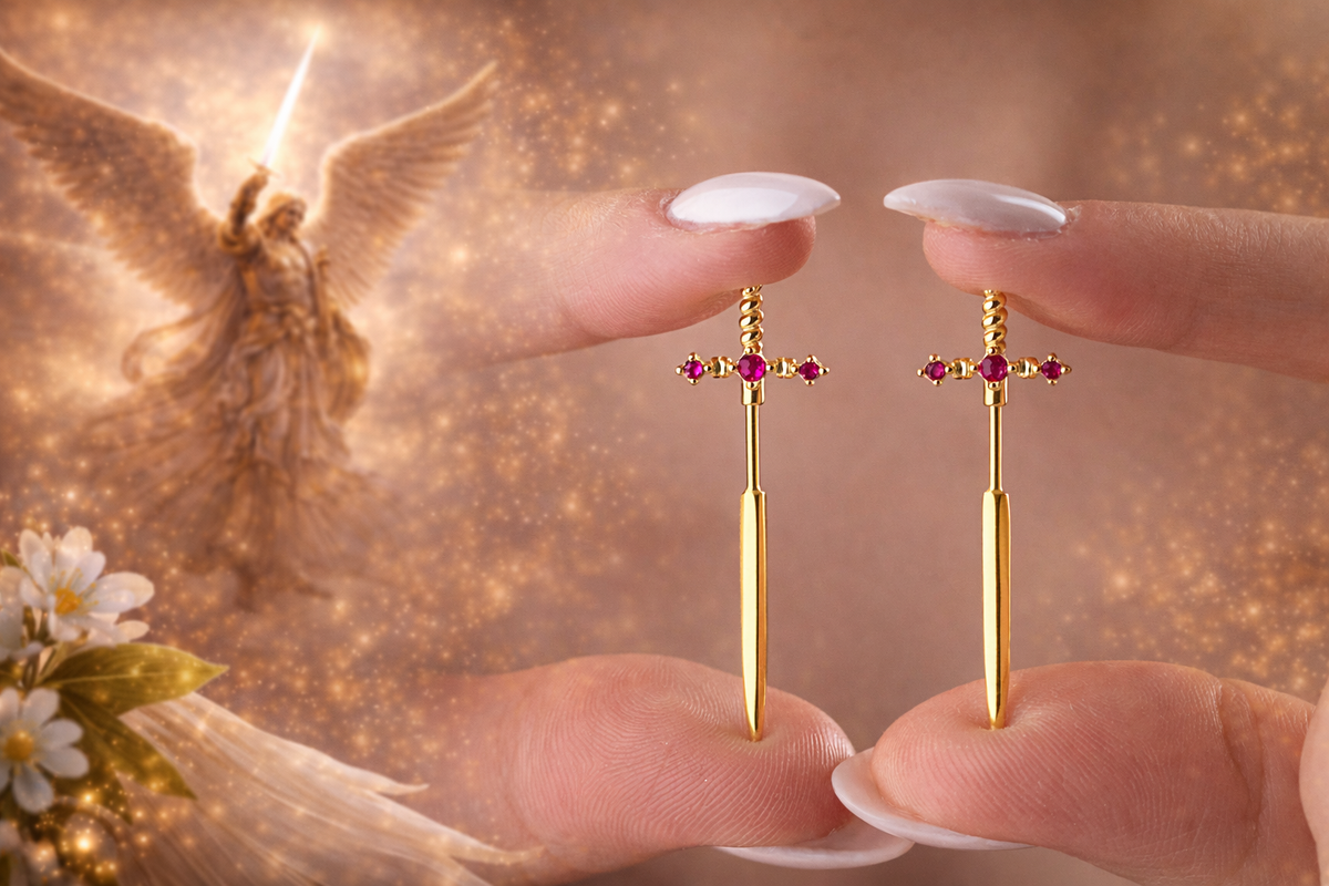 Sword Cross Drop Stud Earrings Gold