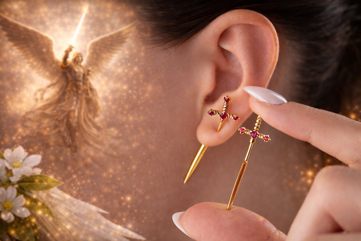 Sword Cross Drop Stud Earrings Gold