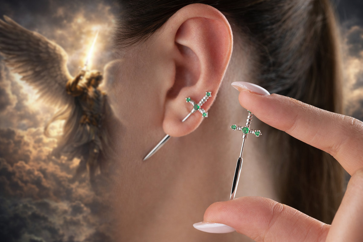 Emerald Green Sword Stud Earrings in Gold