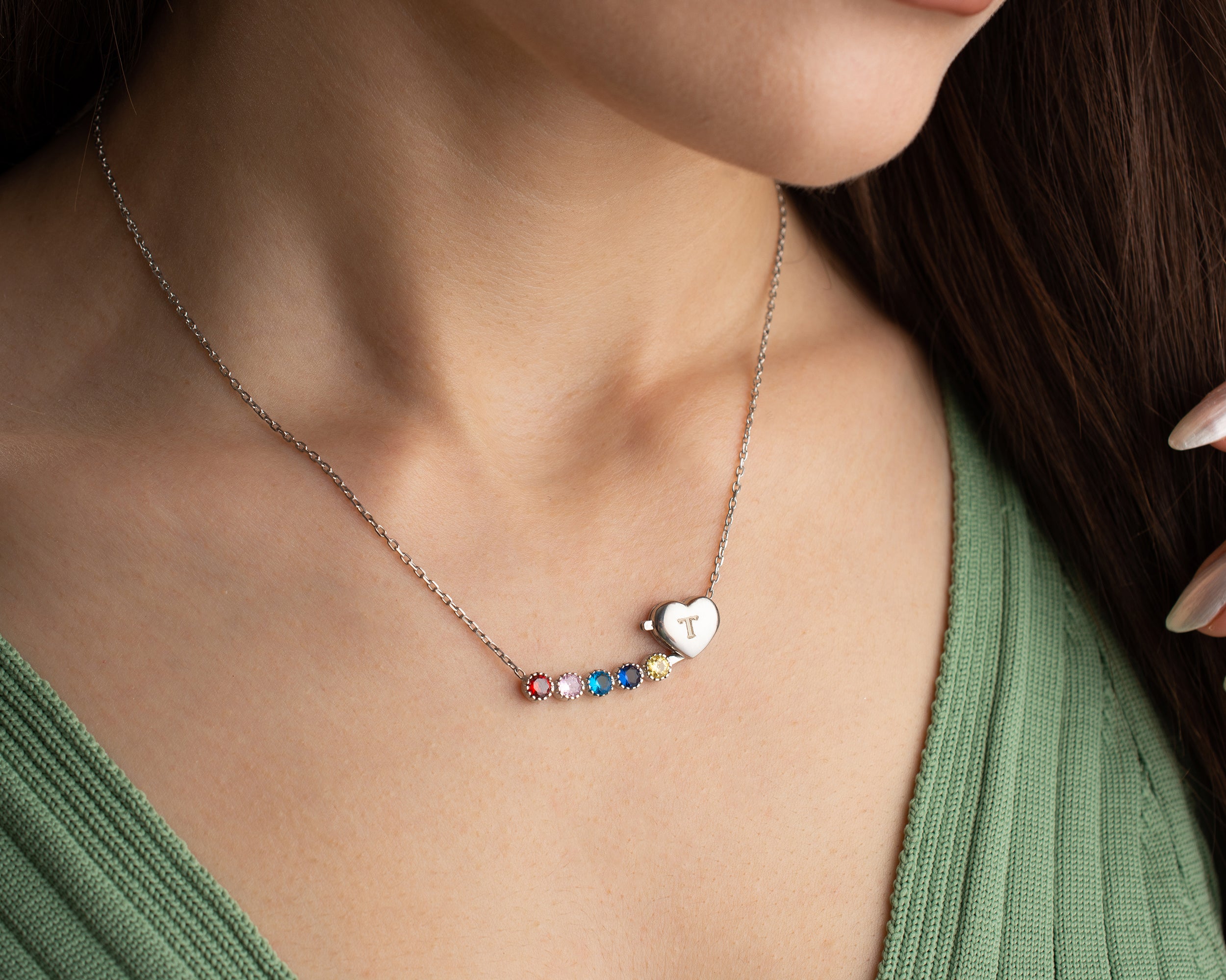 Custom Initial Heart Family Birthstone Necklace