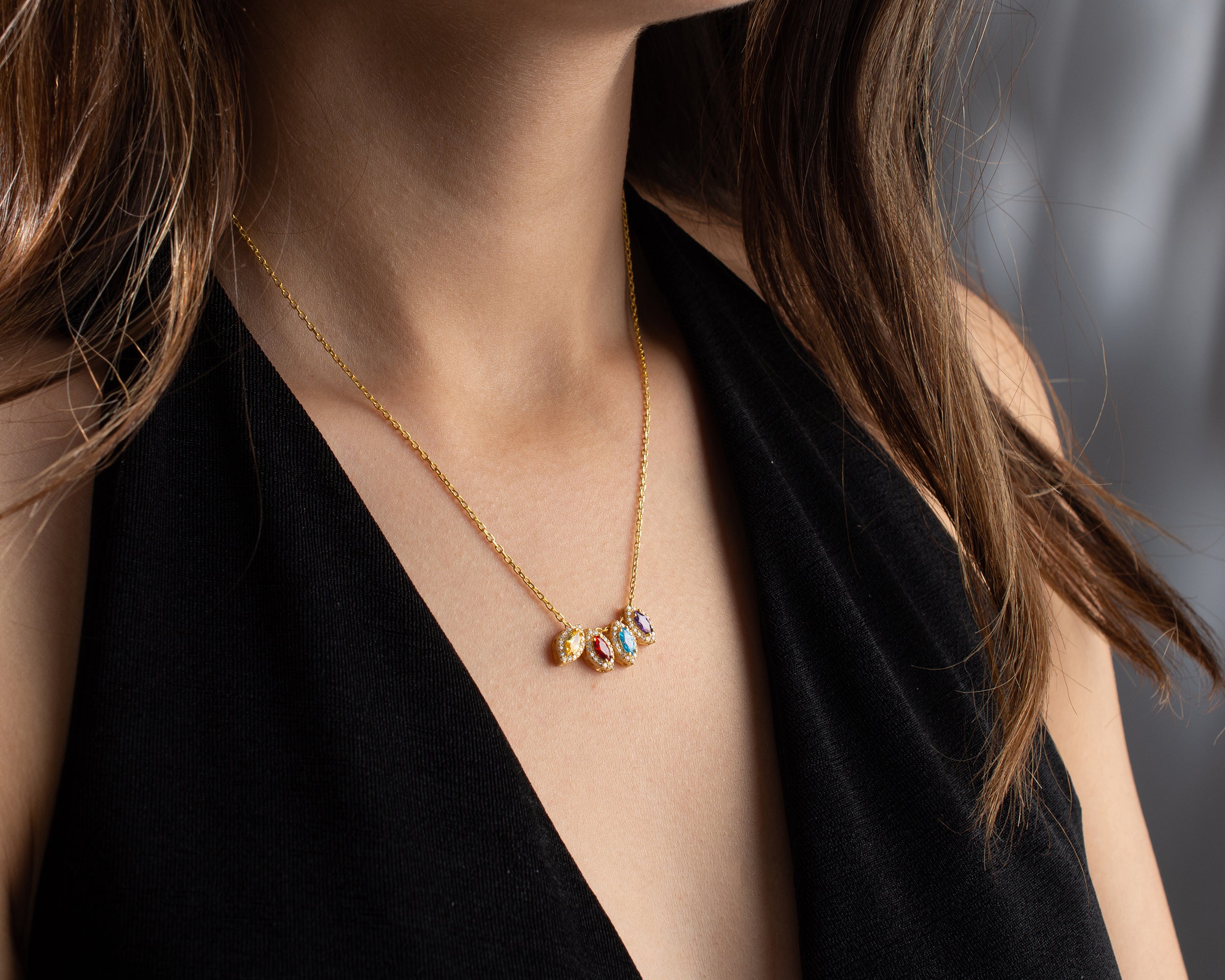 Marquise Cluster Family Birthstone Necklace