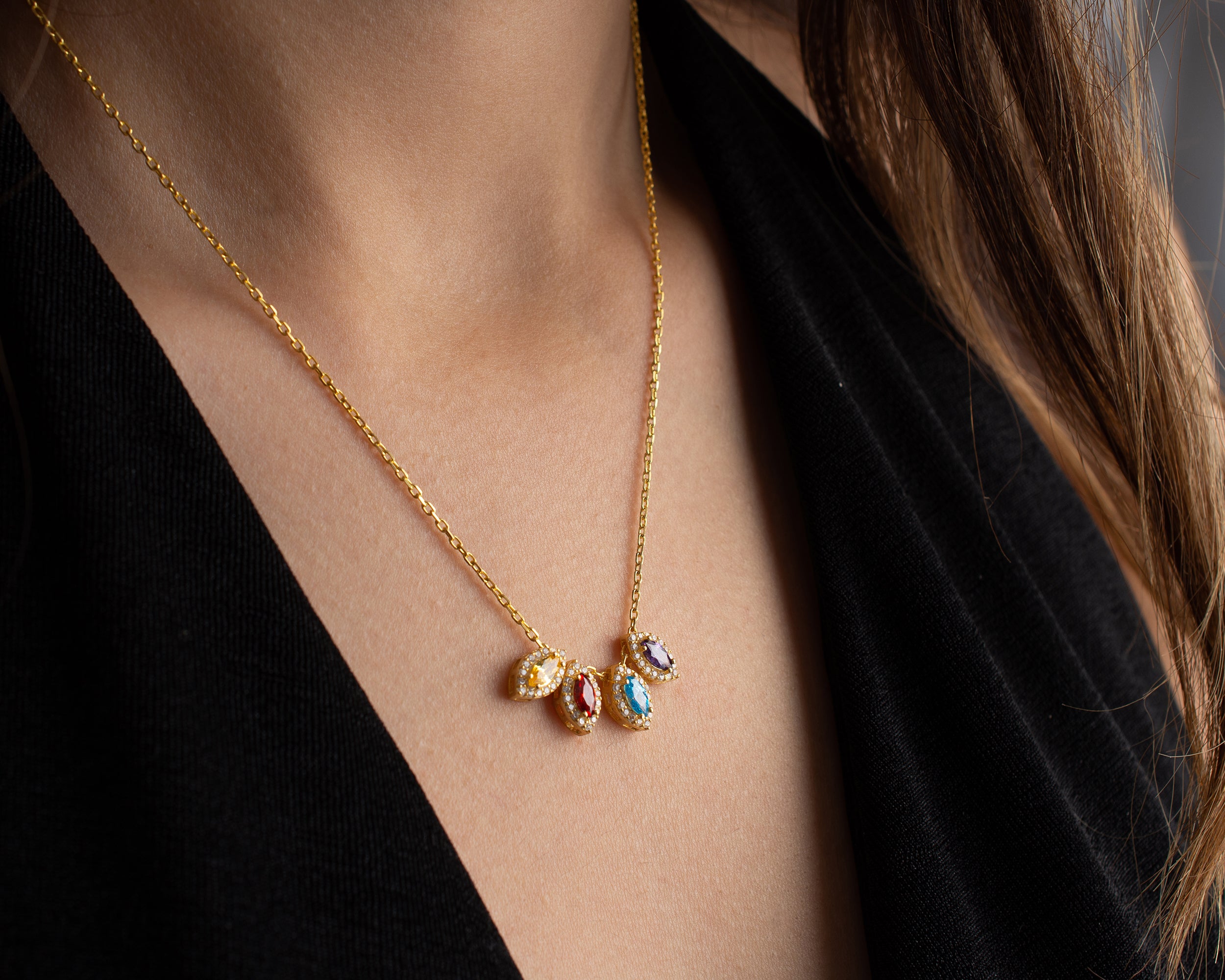 Marquise Cluster Family Birthstone Necklace