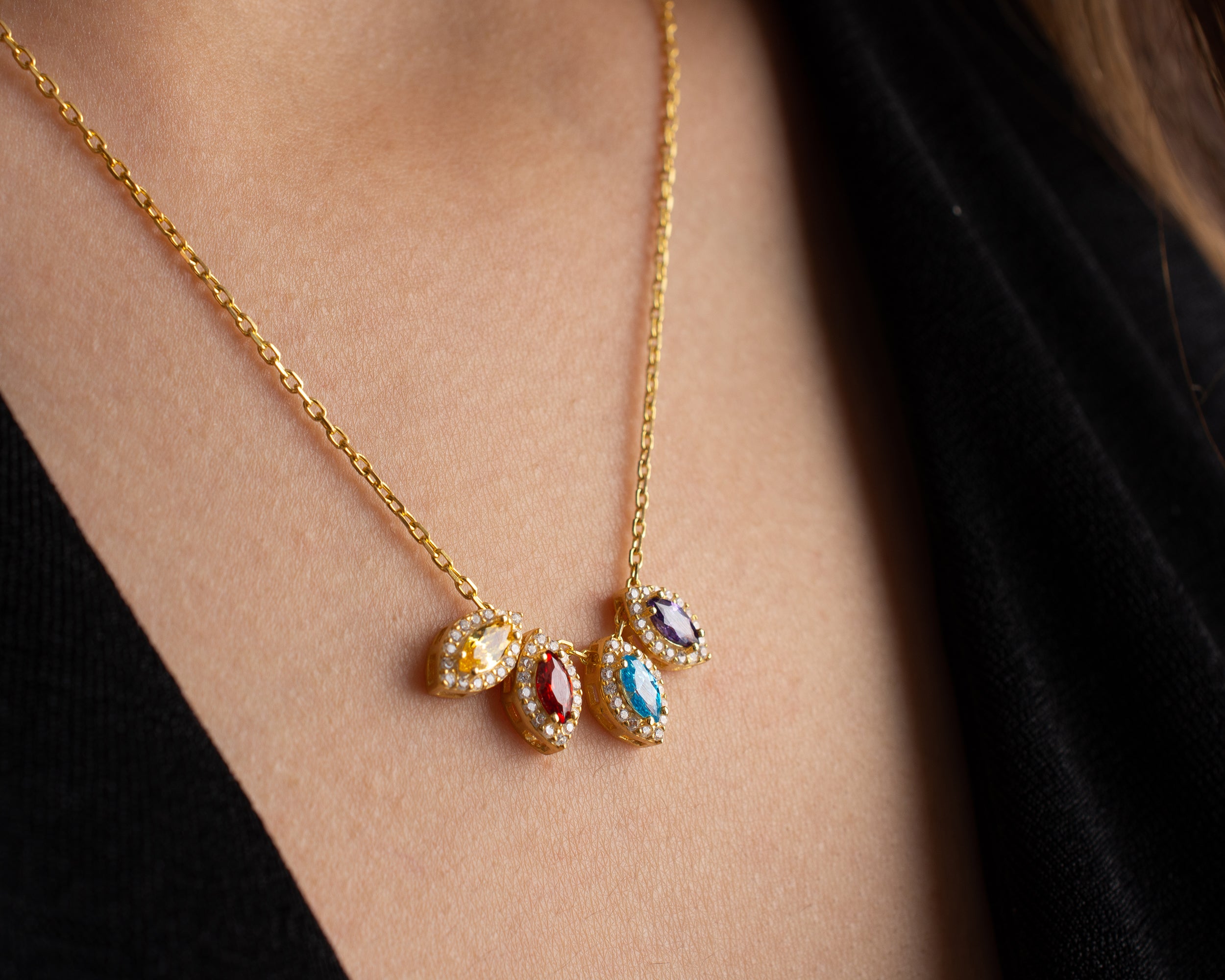 Marquise Cluster Family Birthstone Necklace
