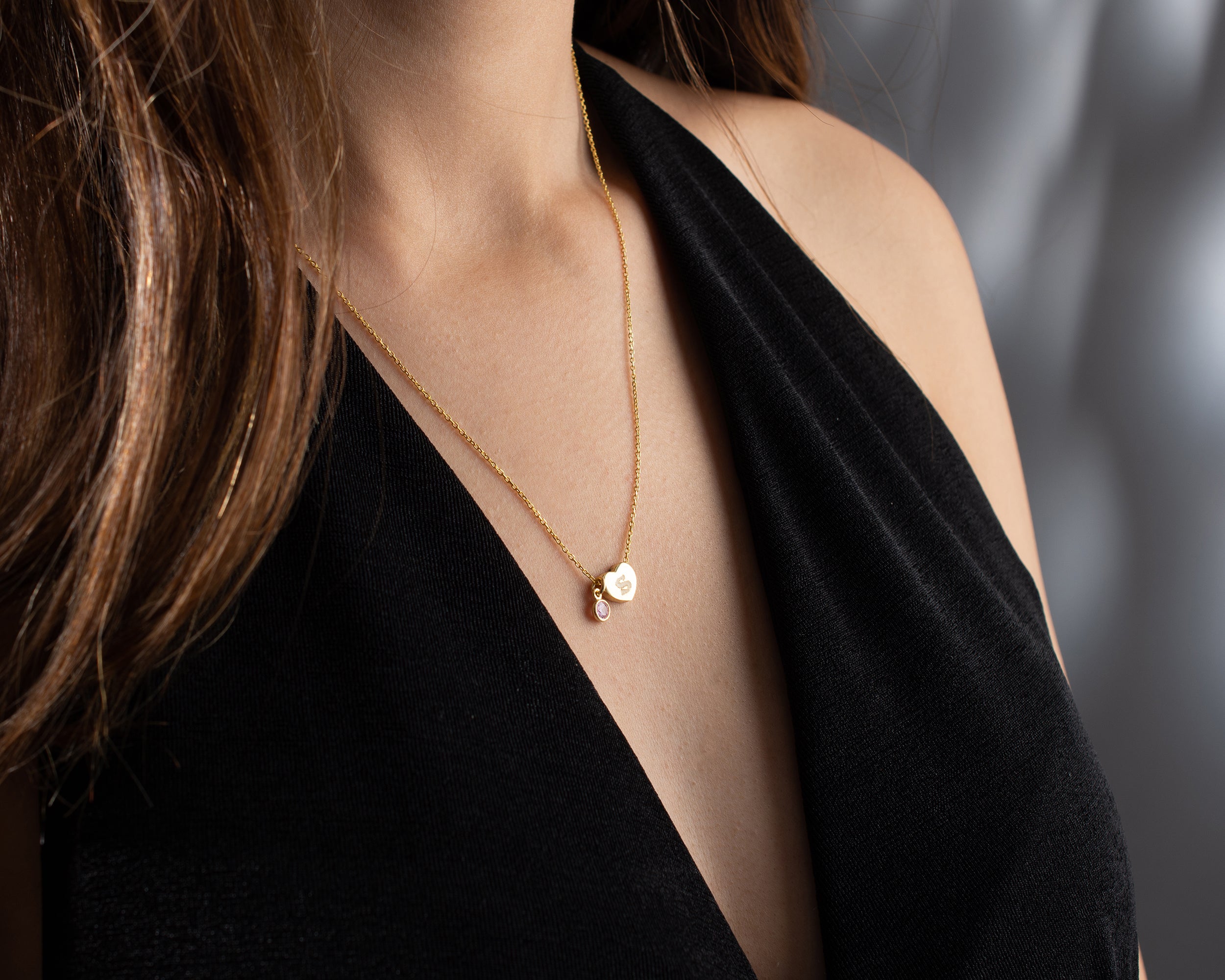 Personalized Initial Heart Birthstone Necklace