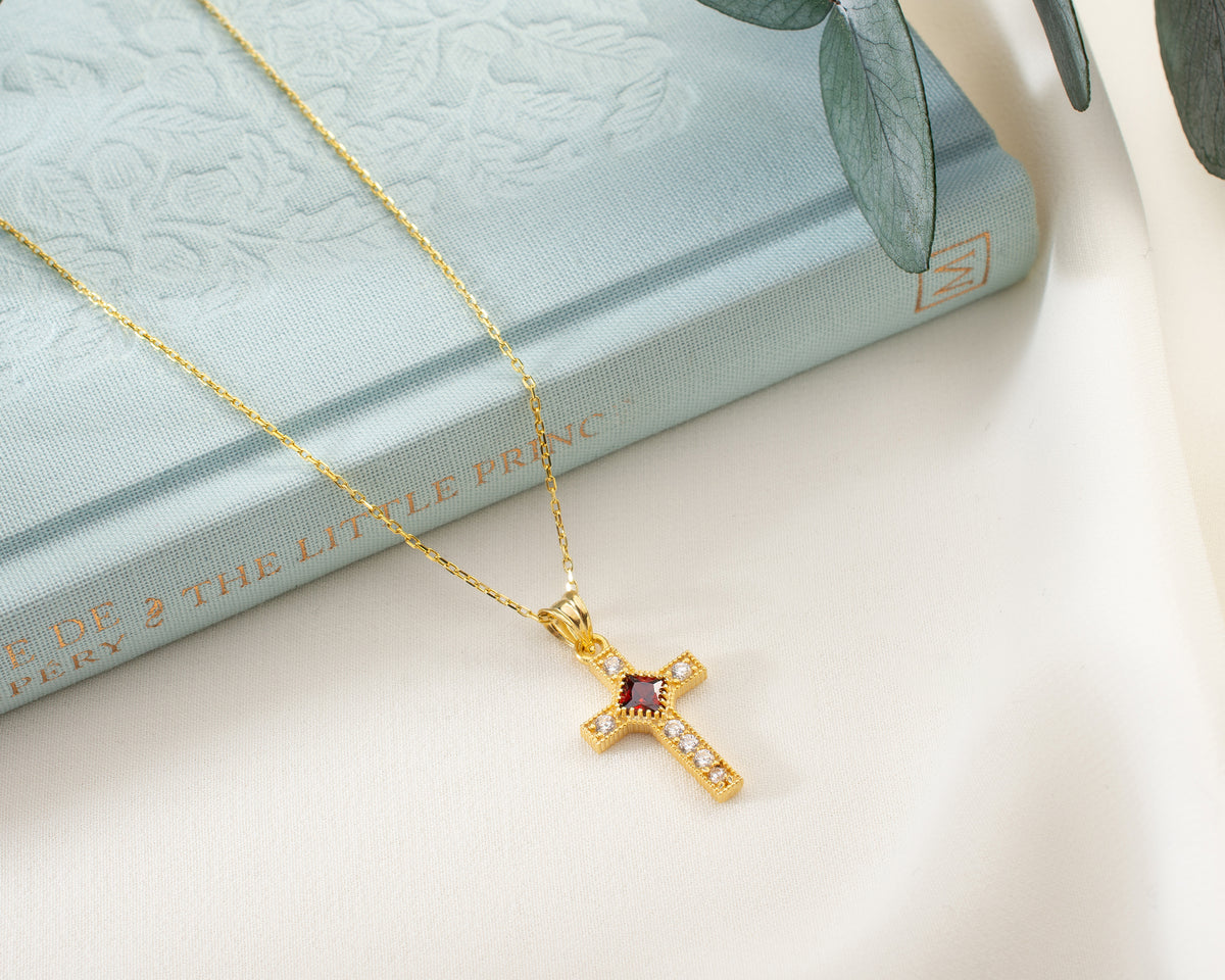 Halo Cross Birthstone Necklace