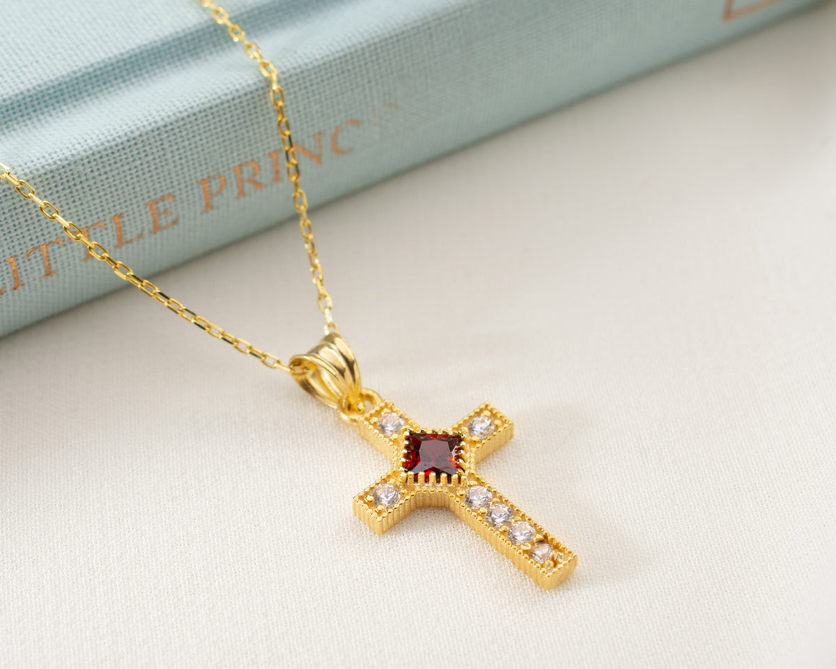 Halo Cross Birthstone Necklace
