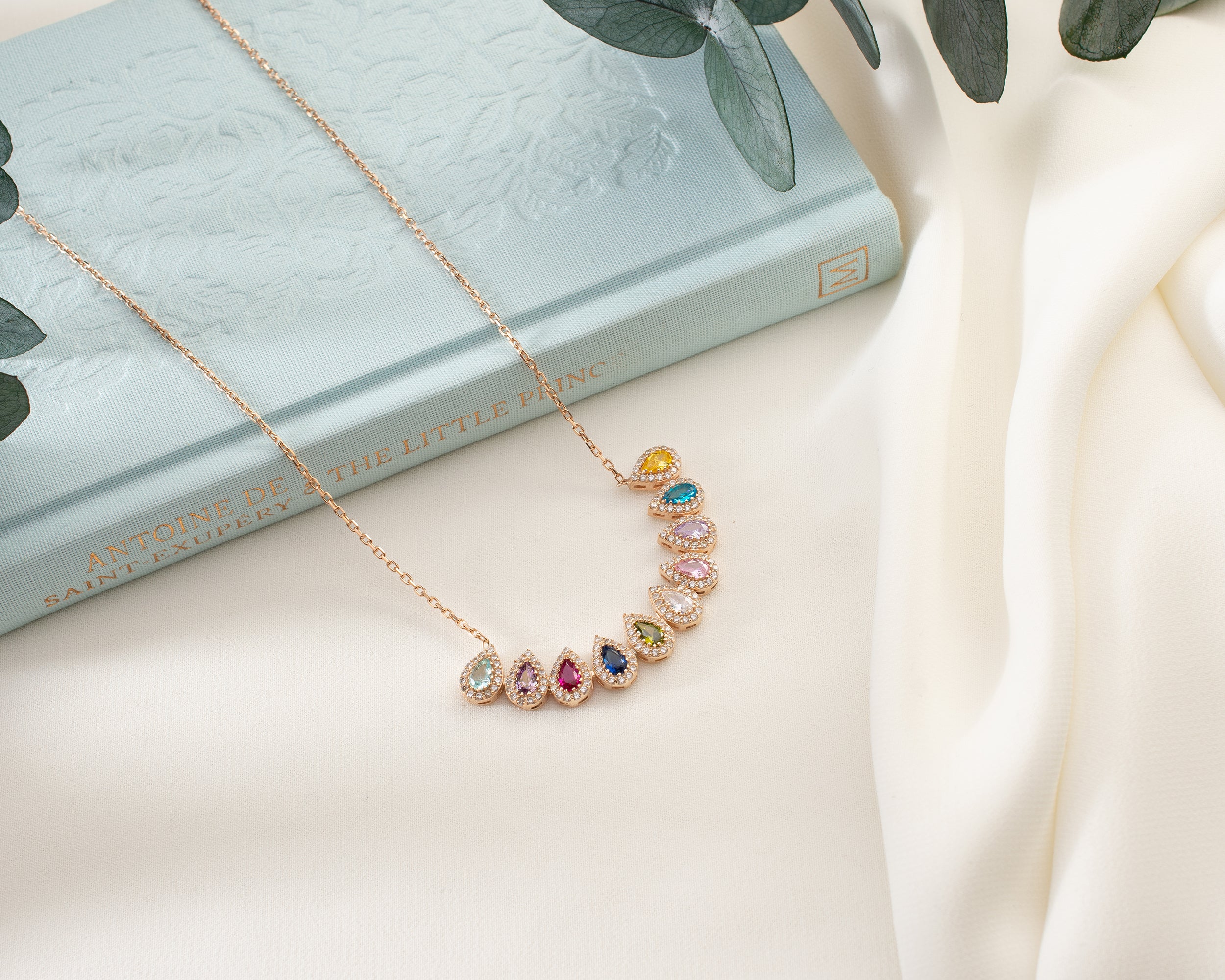 Family Birthstone Curved Bar Necklace