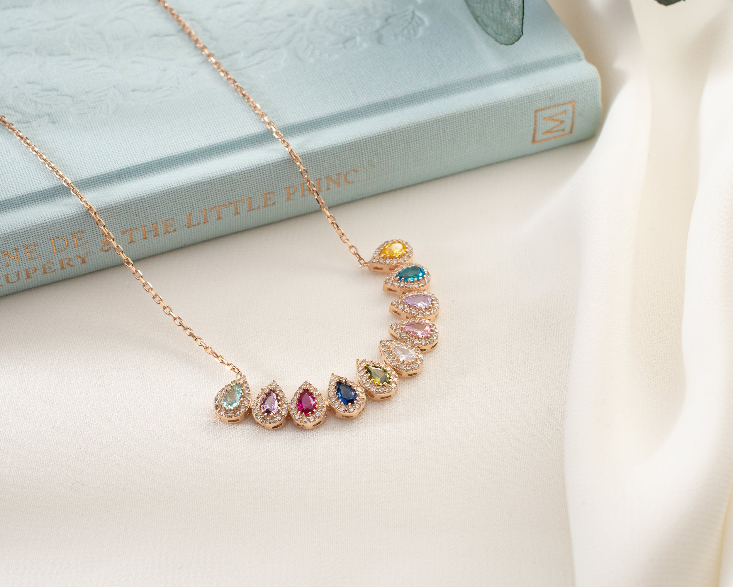 Family Birthstone Curved Bar Necklace