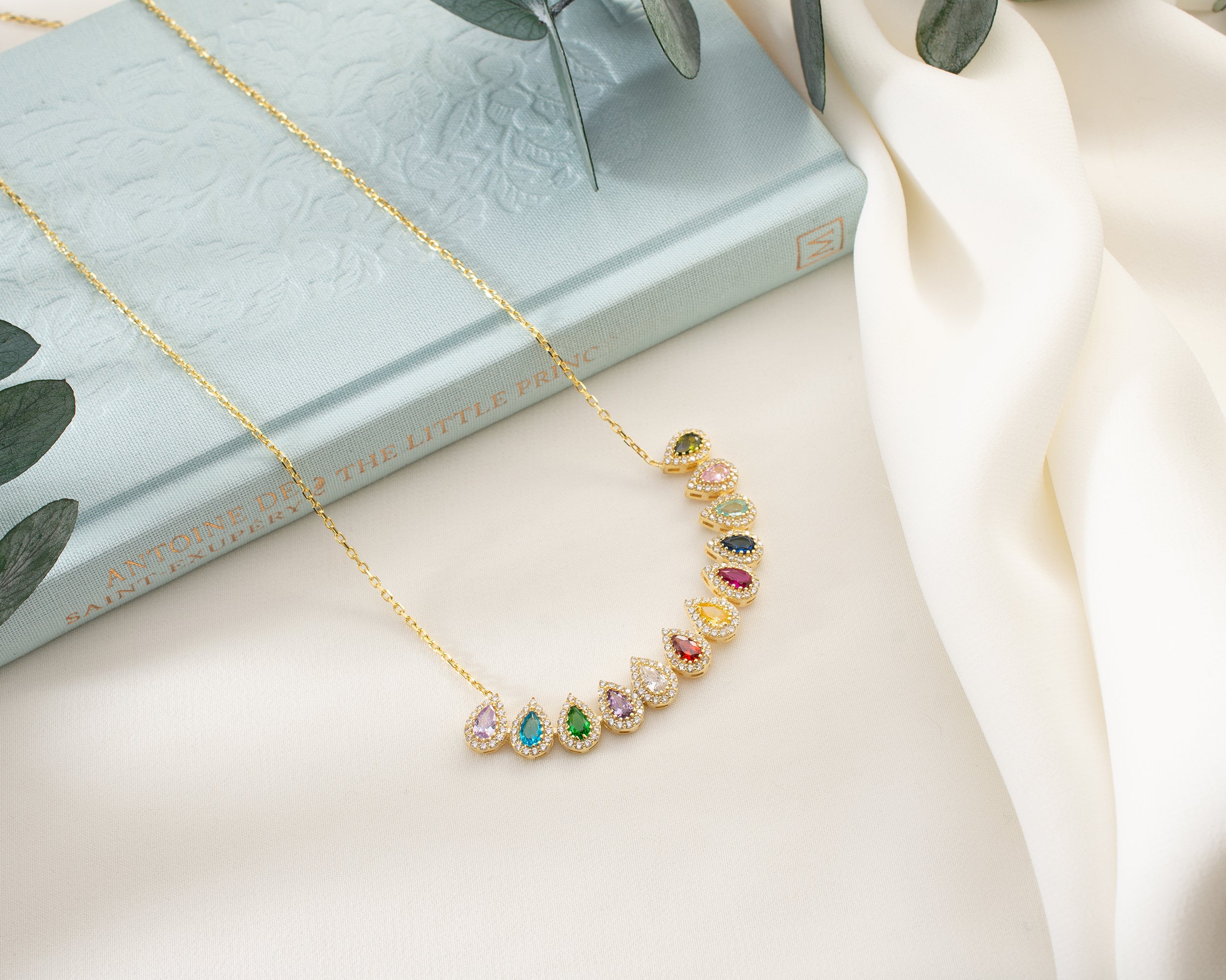 Family Birthstone Curved Bar Necklace