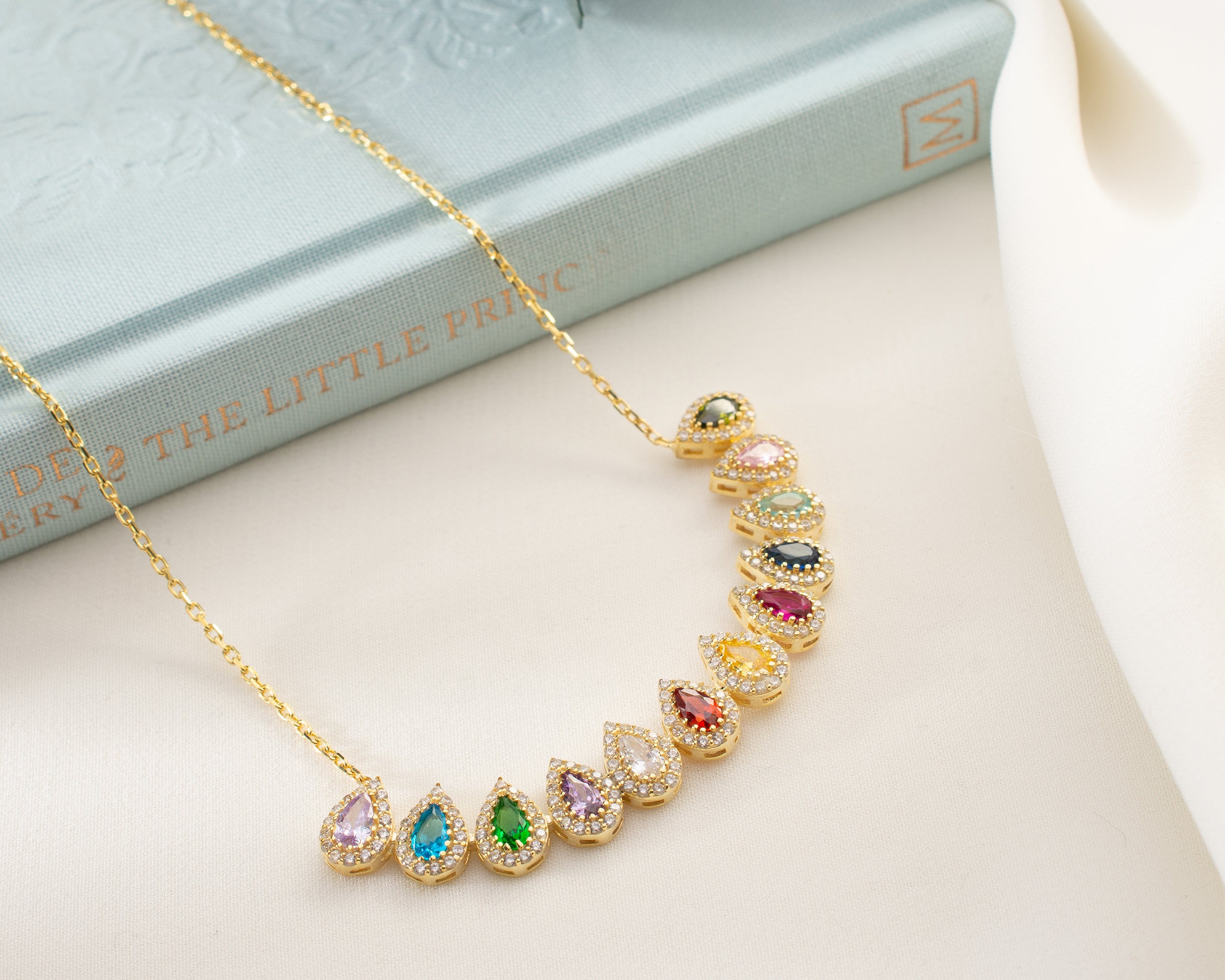 Family Birthstone Curved Bar Necklace
