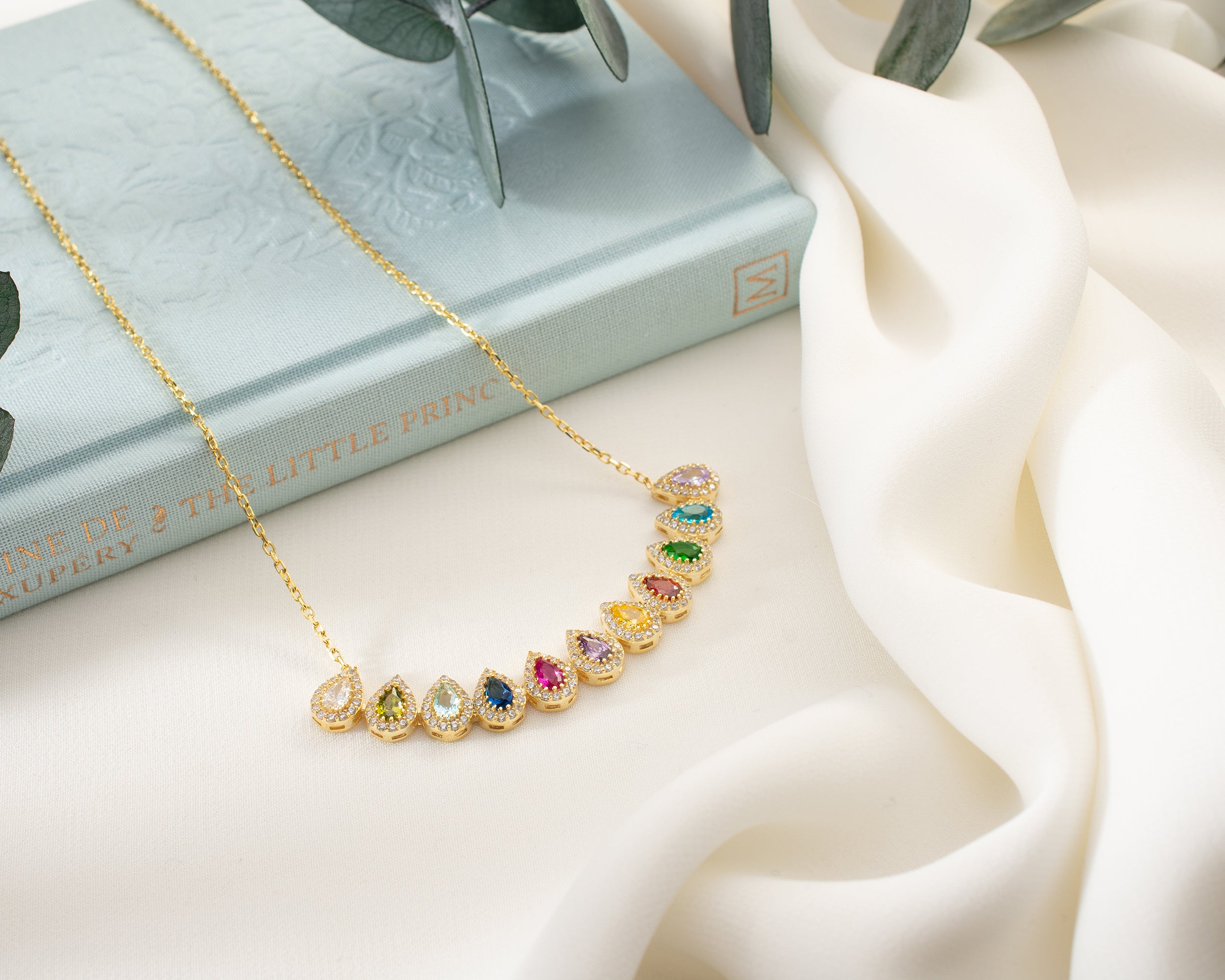 Family Birthstone Curved Bar Necklace