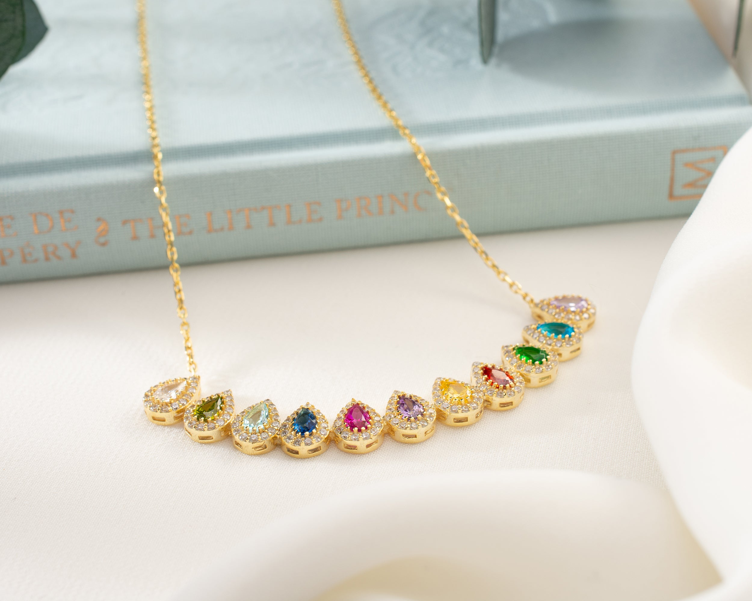 Family Birthstone Curved Bar Necklace