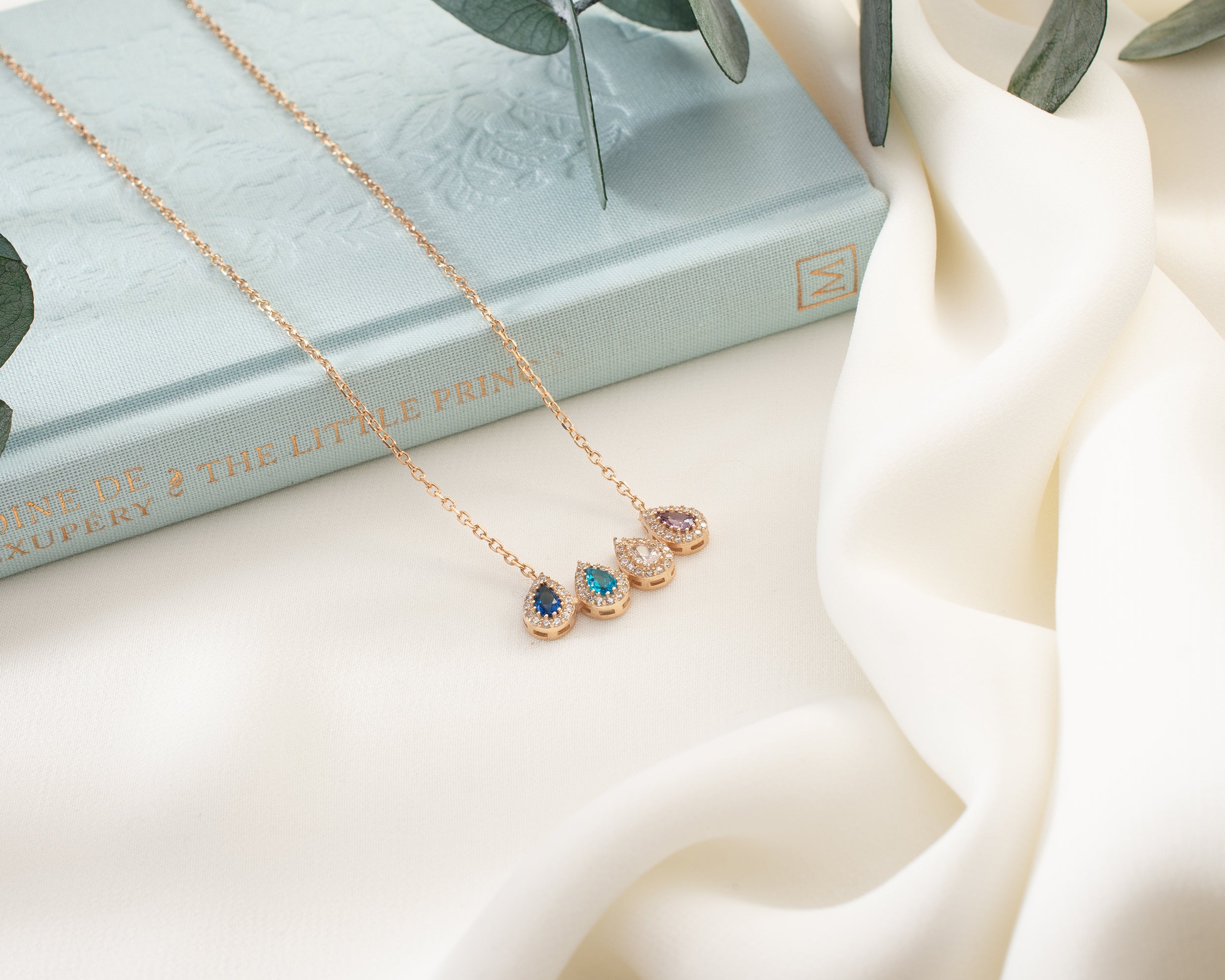 Family Birthstone Curved Bar Necklace