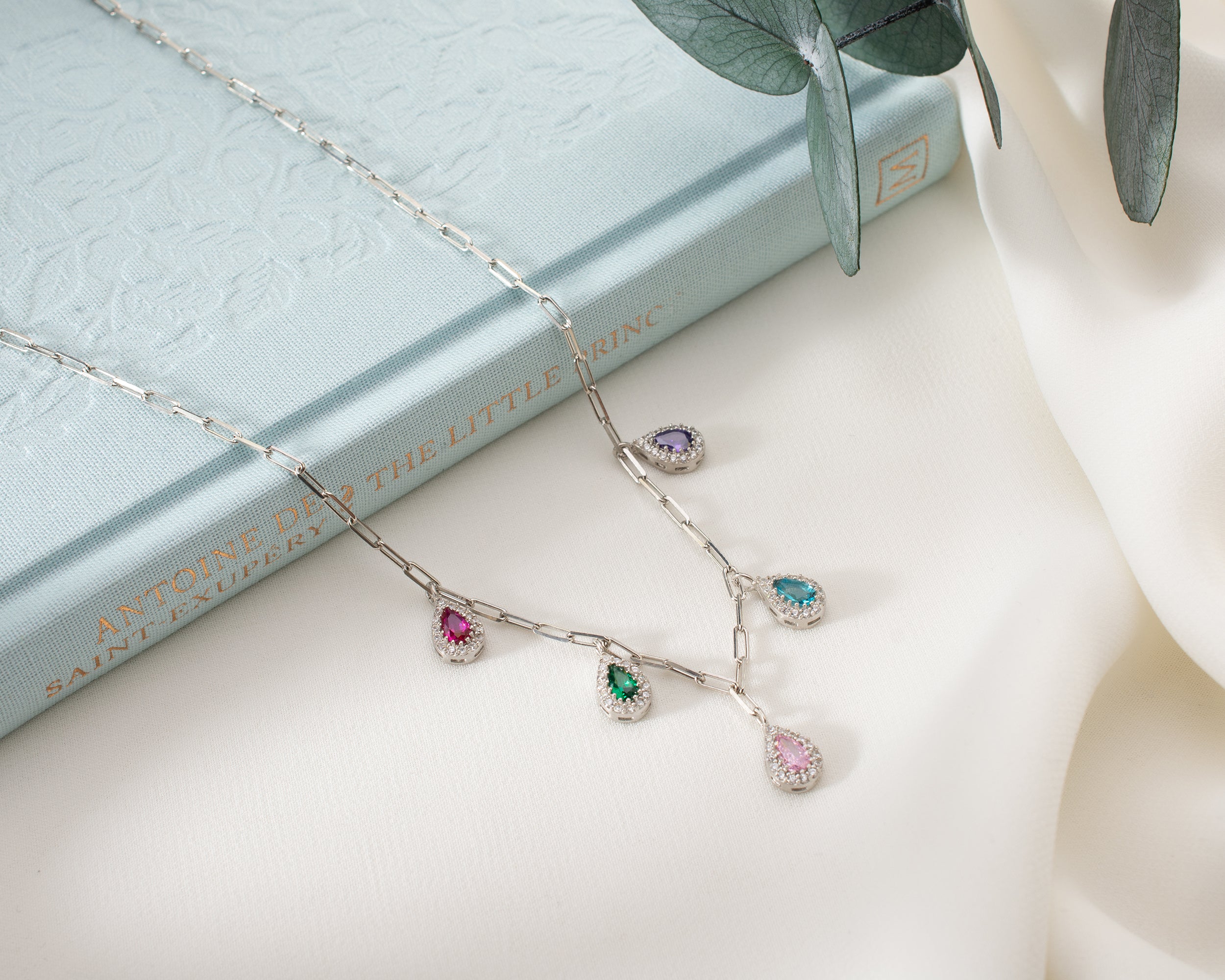 Multi Birthstone Teardrop Drop Necklace