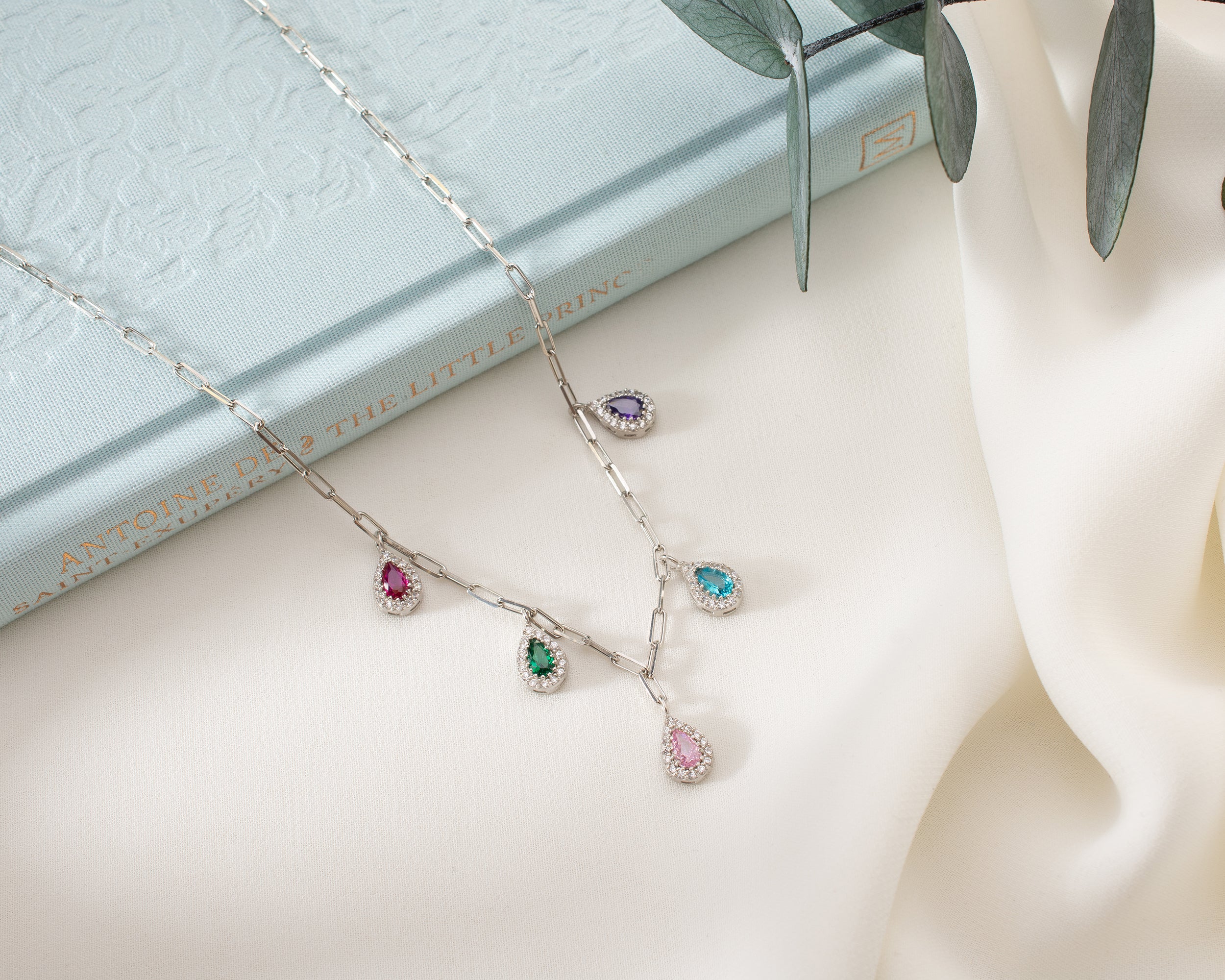 Multi Birthstone Teardrop Drop Necklace
