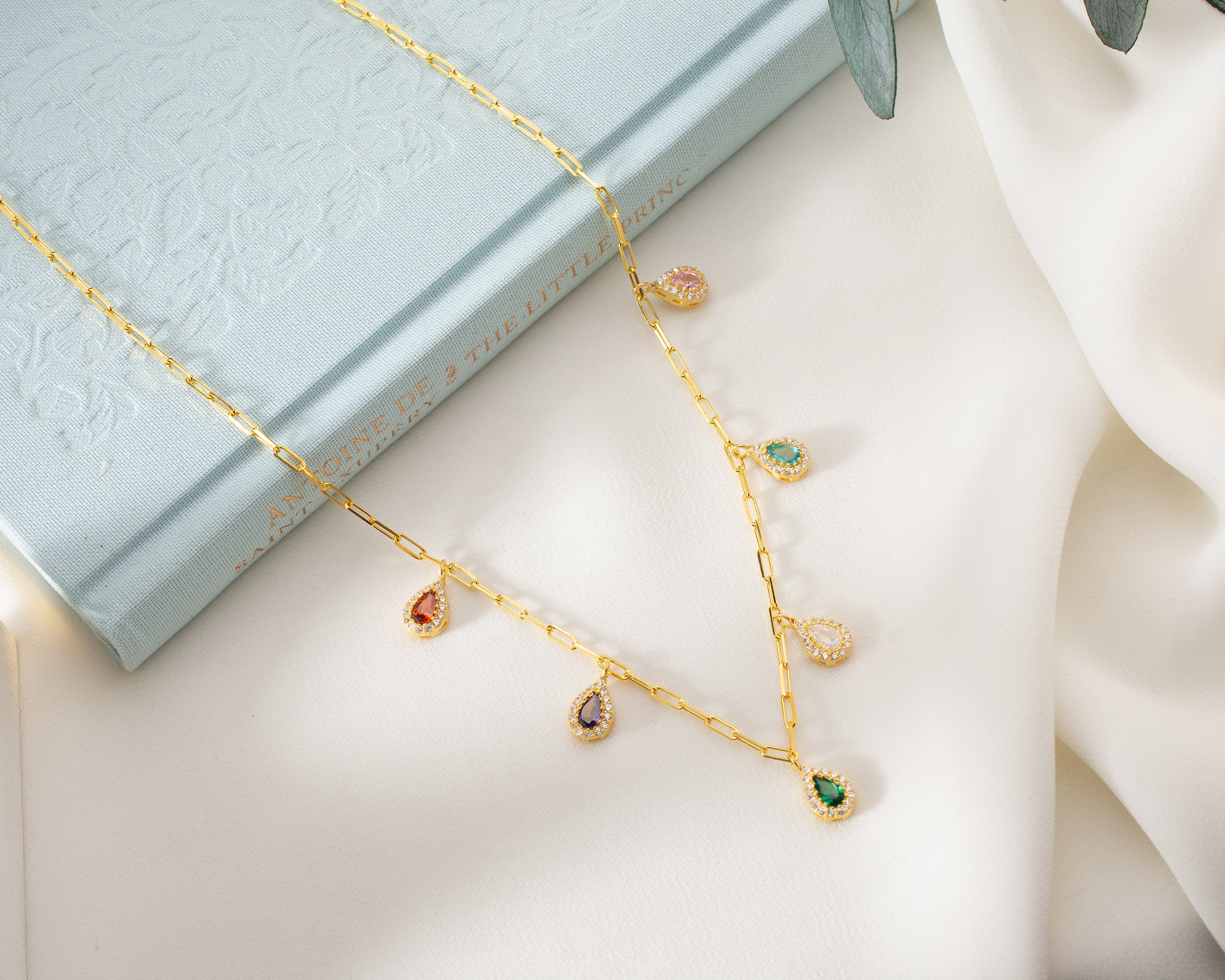 Multi Birthstone Teardrop Drop Necklace