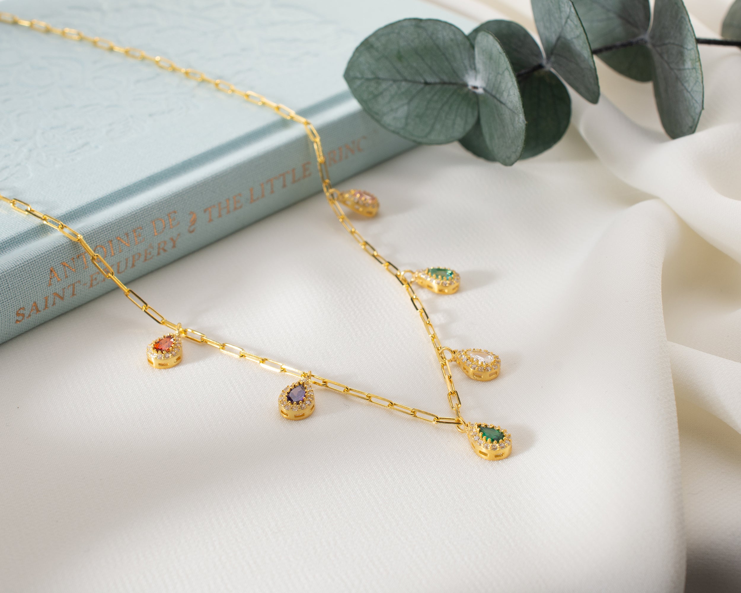 Multi Birthstone Teardrop Drop Necklace