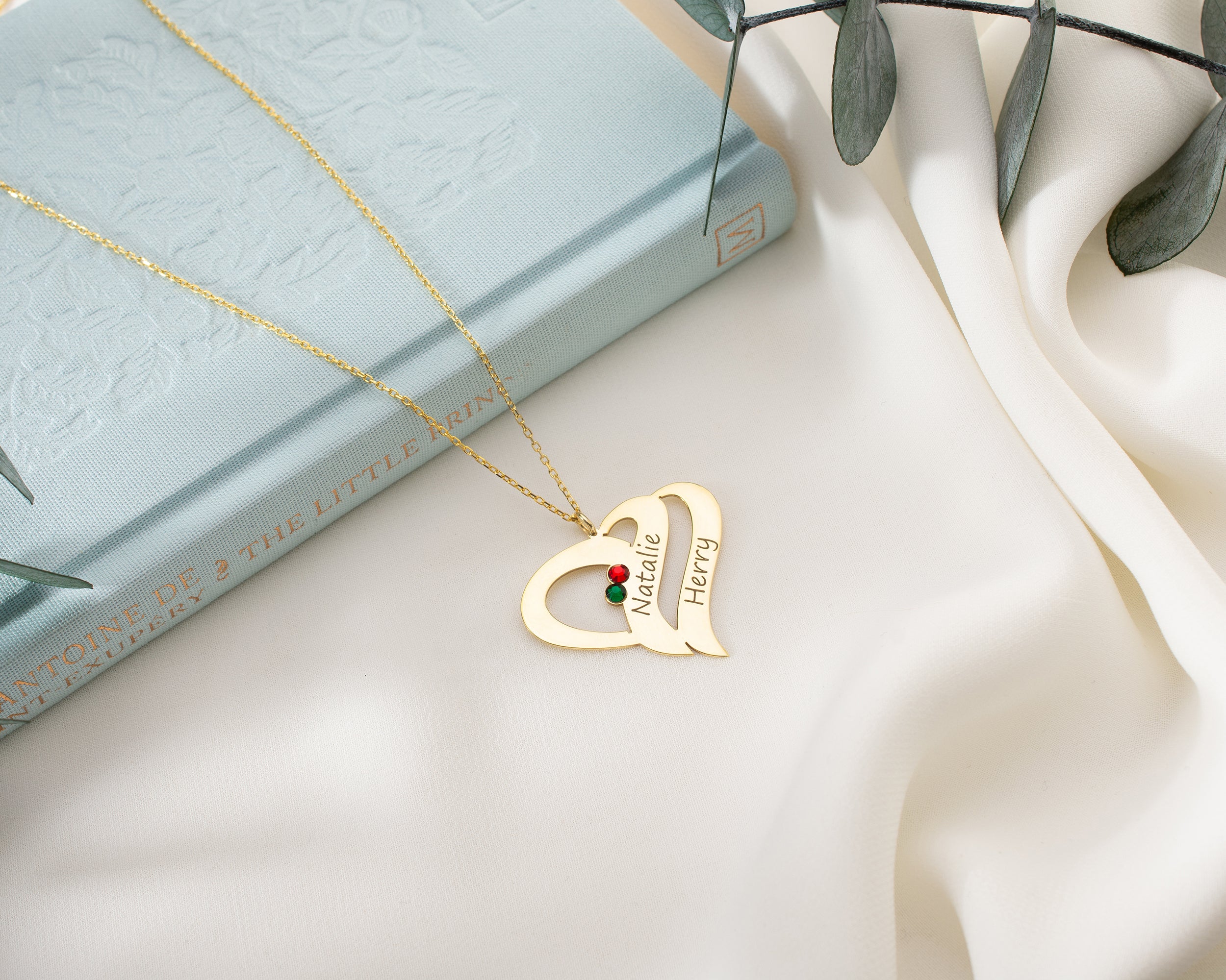 Engraved Double Heart Birthstone Necklace