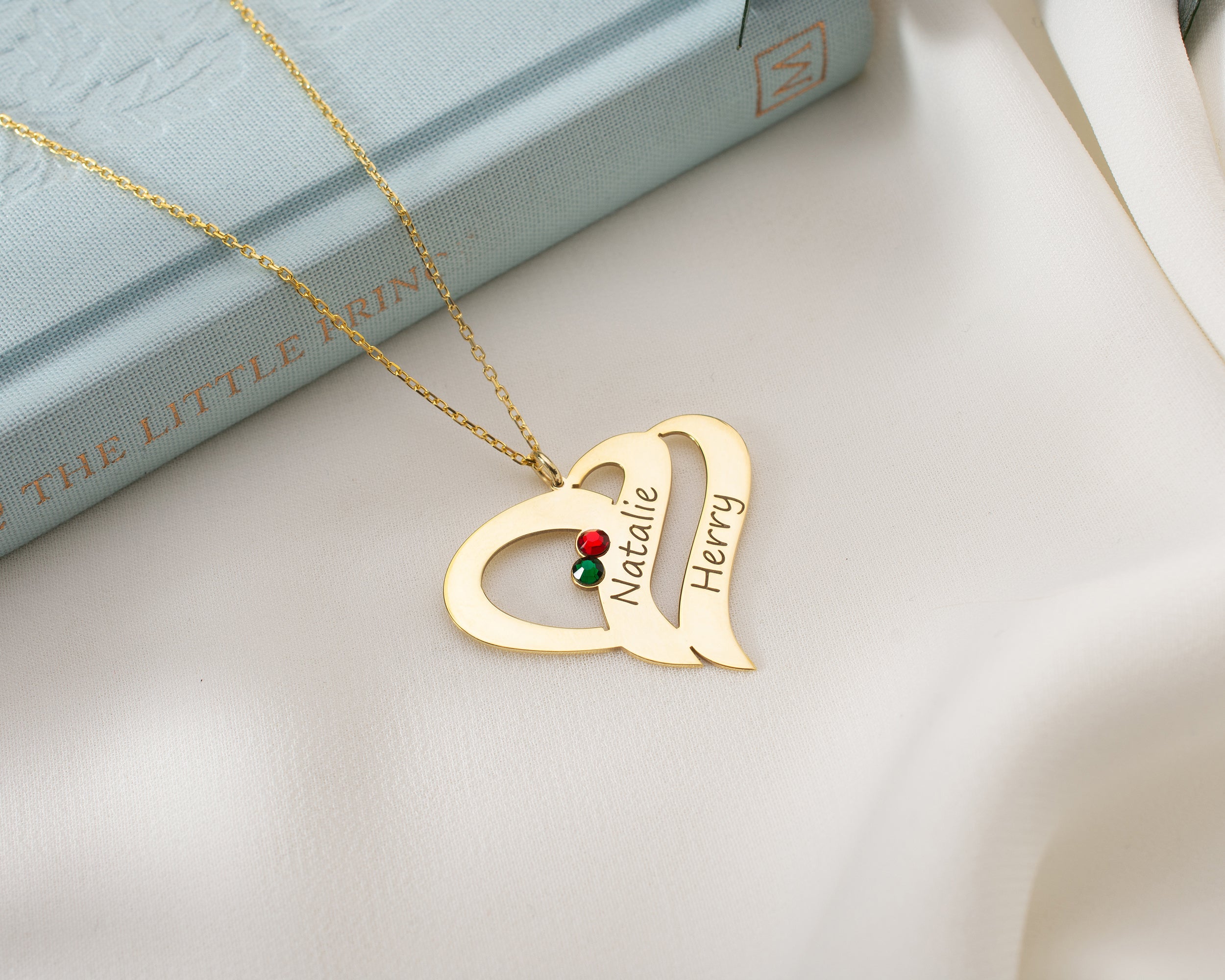 Engraved Double Heart Birthstone Necklace