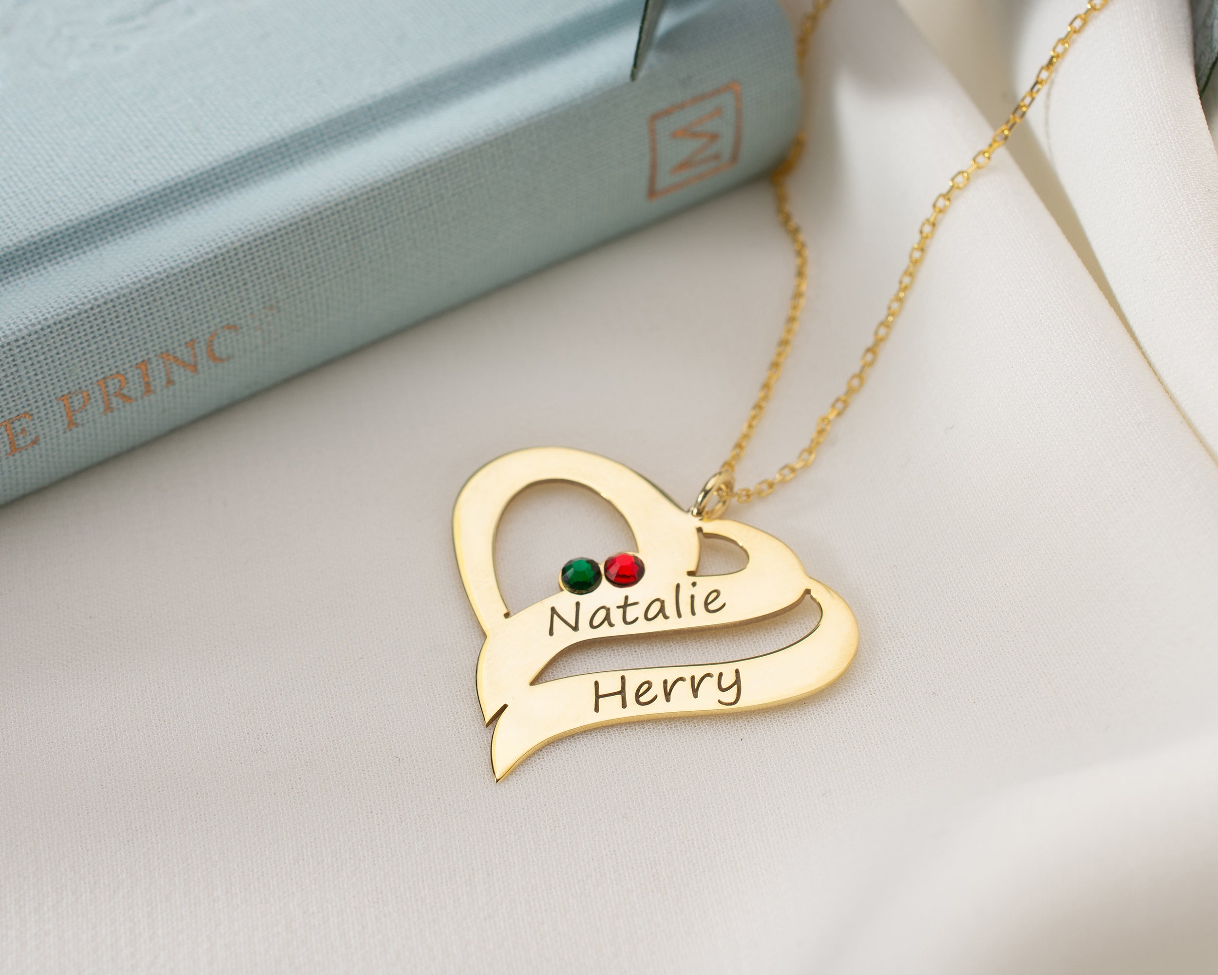 Engraved Double Heart Birthstone Necklace