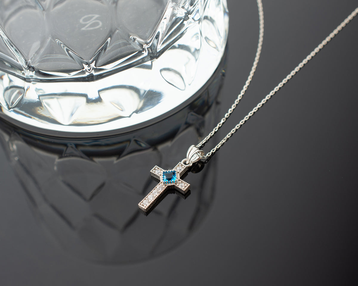 Halo Cross Birthstone Necklace