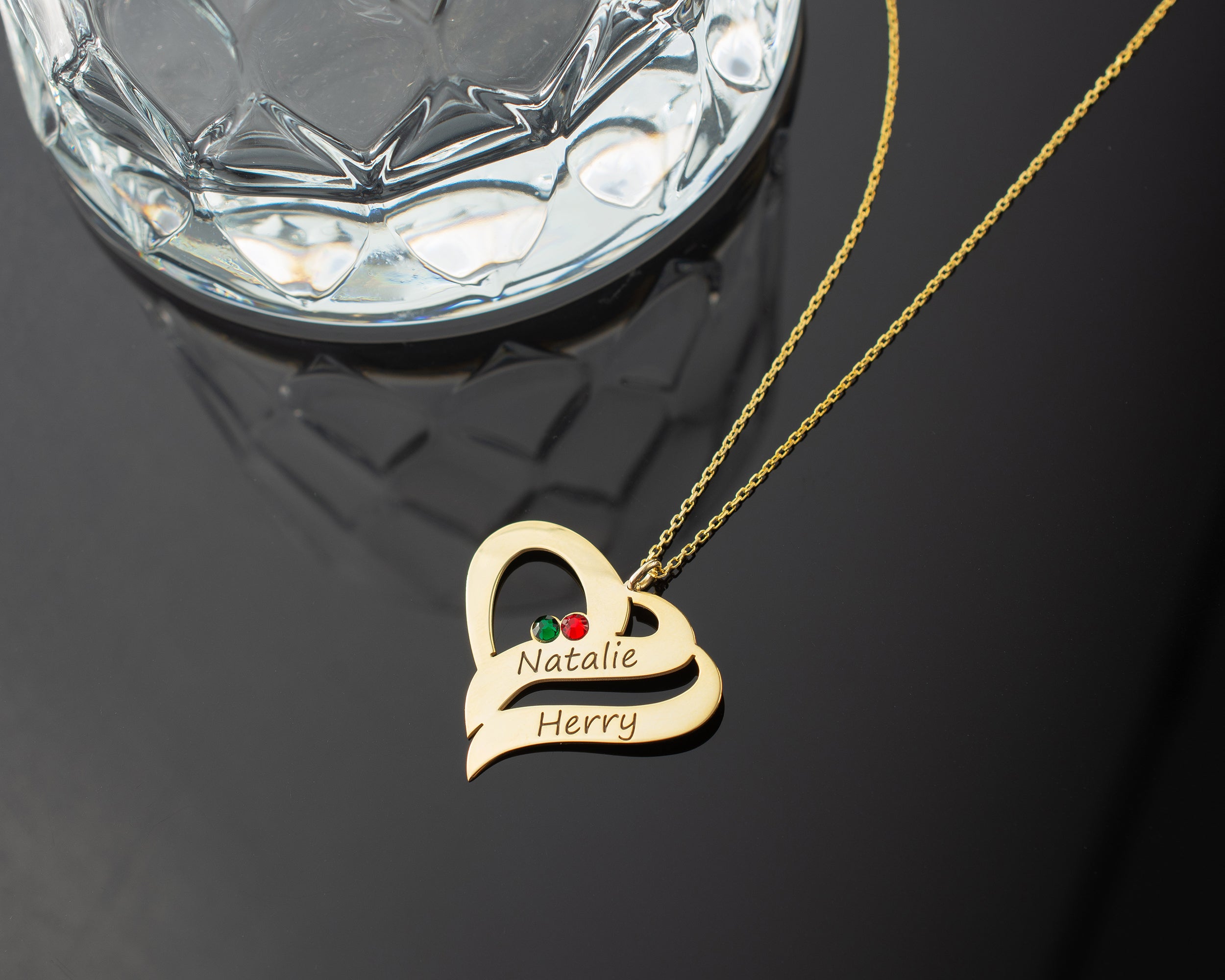 Engraved Double Heart Birthstone Necklace